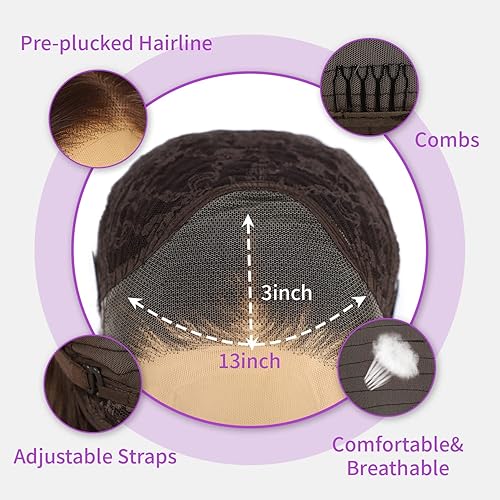 Miniatura 6 de SAPPHIREWIGS Peluca de encaje frontal marrón con reflejos marrones, pelucas de cabello largo ondulado de 13 x 3 para mujer, pelucas sintéticas