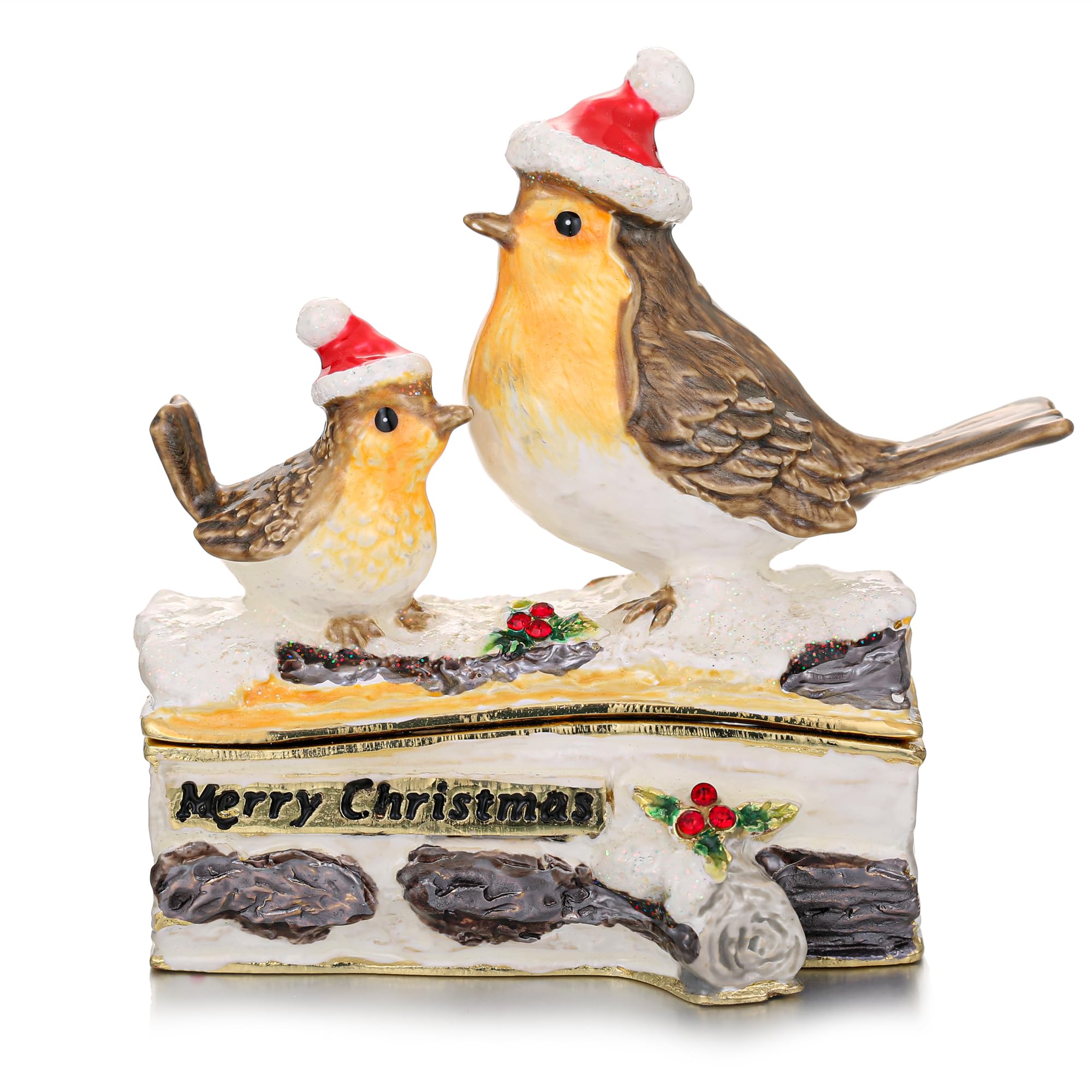 Azurt Lcx Christmas Sparrow Hand Painted Enamel Christmas Trinket Box, Hinged Jewelry Organizer Storage, Unique Home Decor Keepsake Collectible Figurine, Personalized Elegant Decoration Ornament Gifts (Christmas Sparrow)