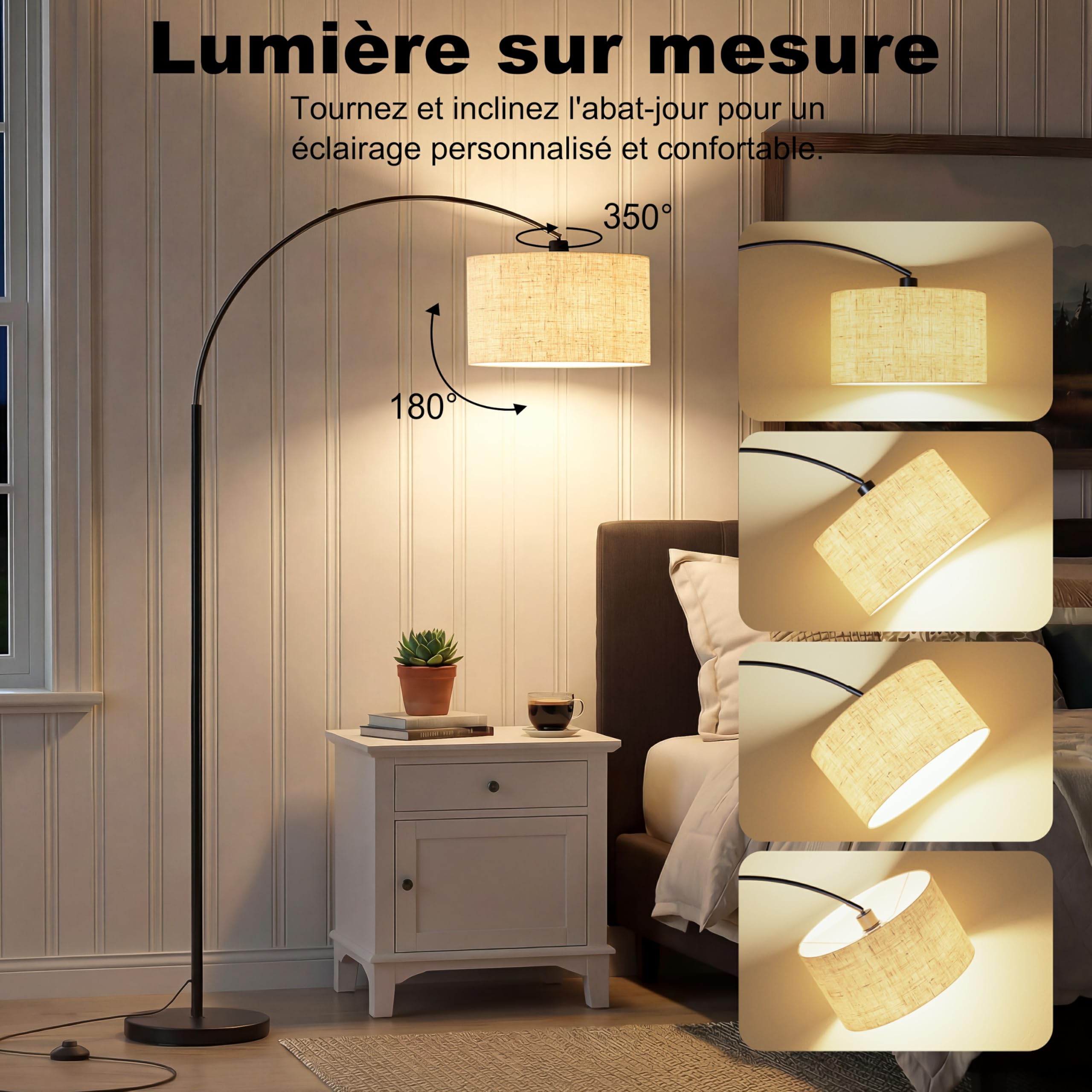 Moderne Bogen-Stehlampe für Wohnzimmer, 3-stufige Farbtemperatur (3000K/4500K/6000K) per Fußschalter, 180 cm höhenverstellbare Bogen-Leselampe mit E27 LED-Lampe für Schlafzimmer, Büro, Beige