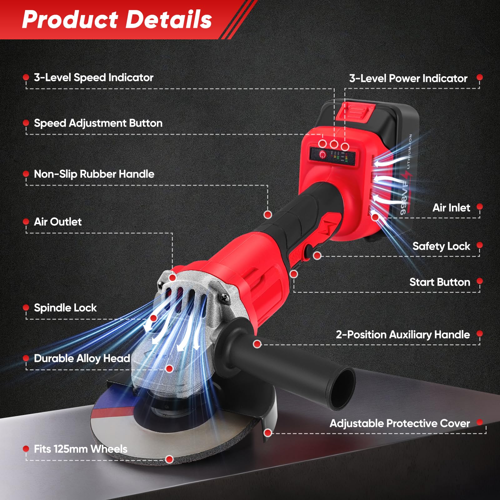 Smerigliatrice angolare a batteria brushless 21V, velocità fino a 13500 giri/min Inclusi dischi da taglio, dischi da sbavo e dischi per lucidatura Dotata di due batterie da 21V 3,0Ah Diametro 125 mm
