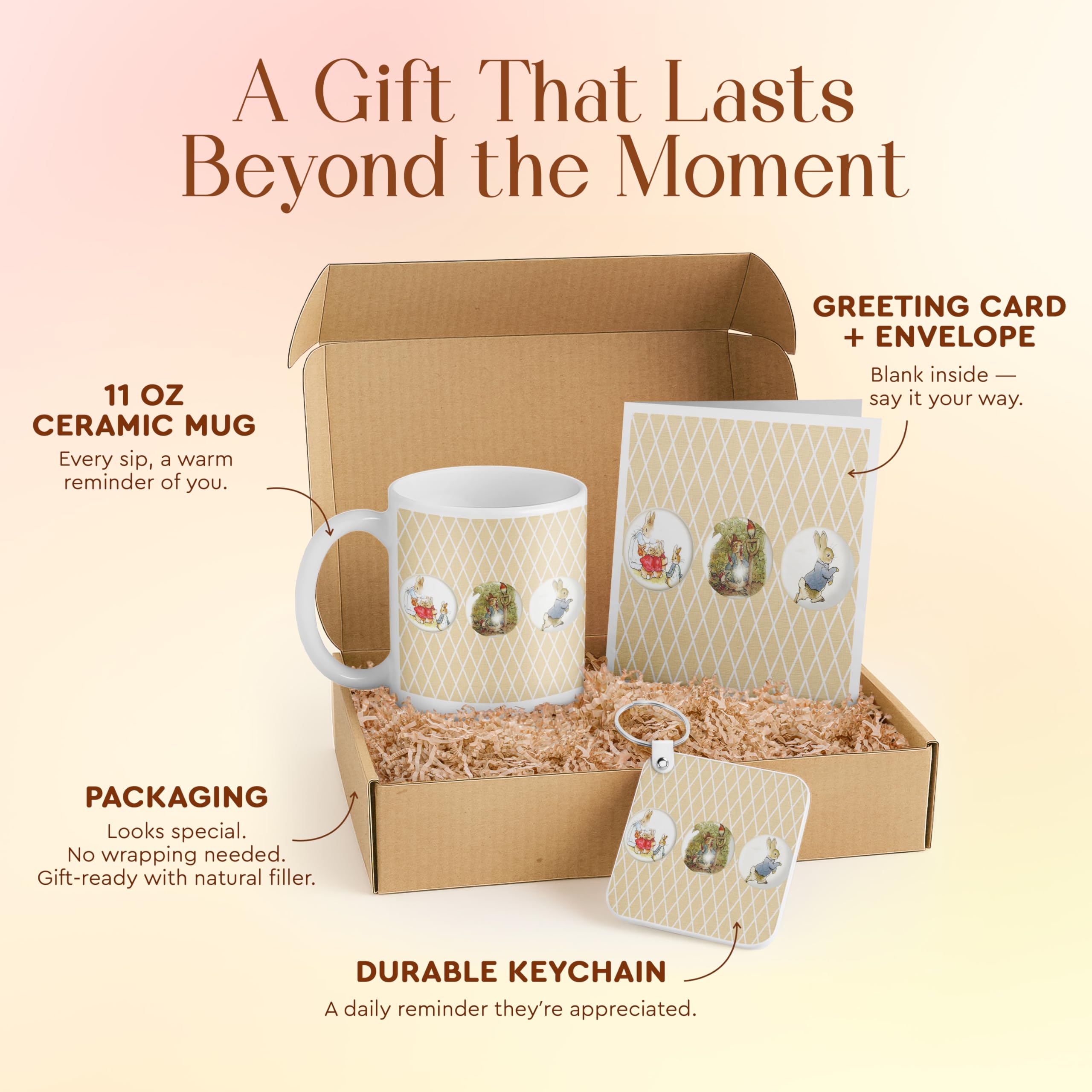 Peter Rabbit Gift Set for Kids - Includes Mug, Card, and Keychain - Vintage Rabbit Illustrations - Perfect for Birthdays, Disney Fans, and Easter