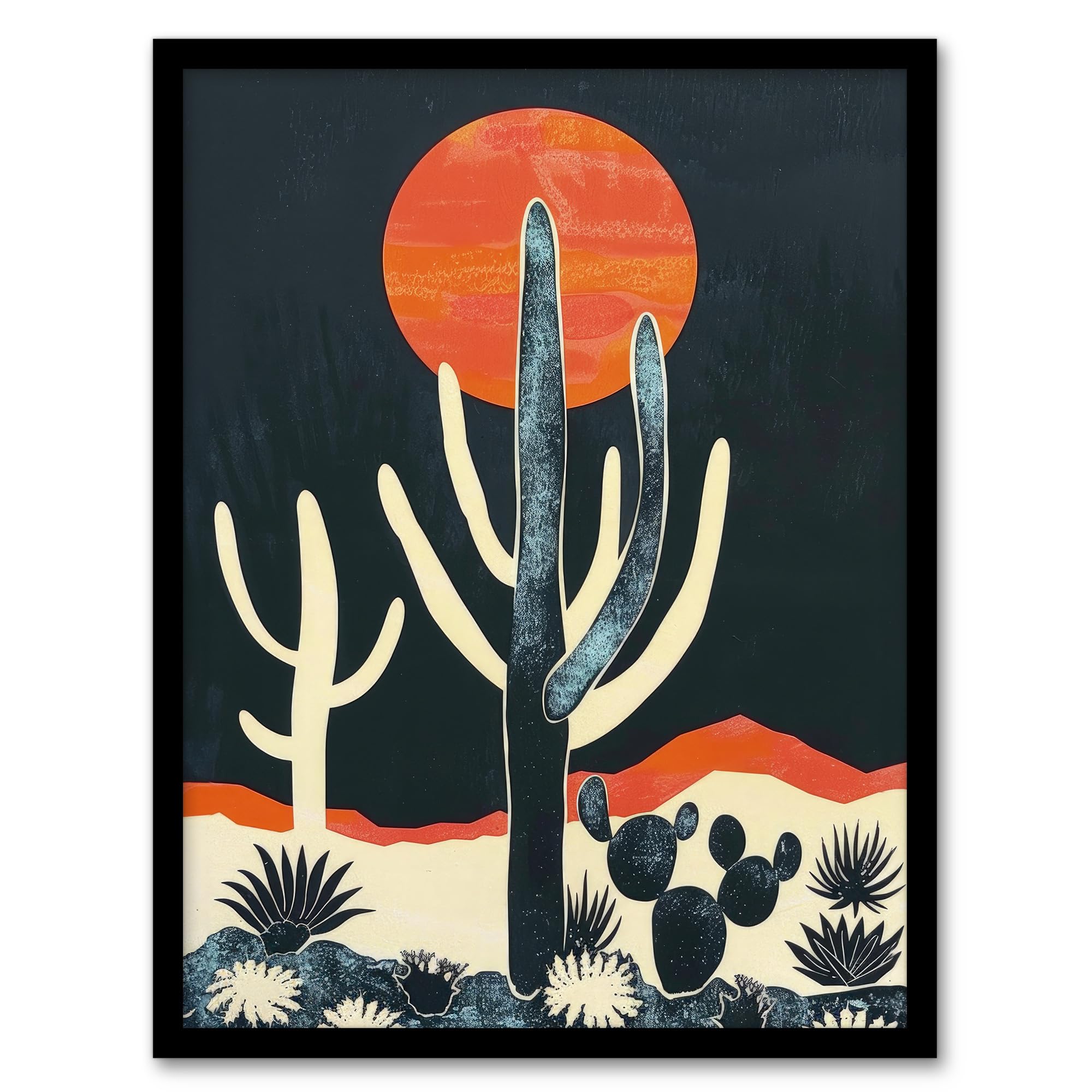 Artery8 Saguaro Cactus Orange Grey Sun Desert Landscape For Living Room Artwork Framed Wall Art Print A4