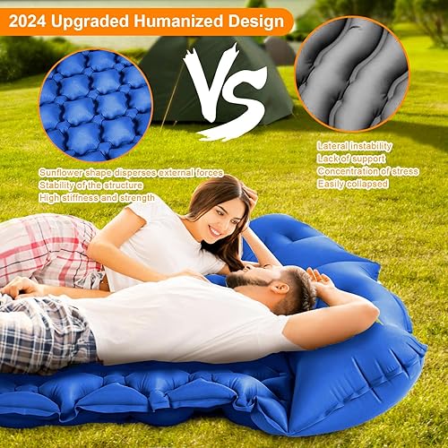 Miniatura 3 de Colchoneta de dormir doble, ultraligera de 4 pulgadas, extra gruesa, autoinflable, para 2 personas con almohada, bomba de pie incorporada,