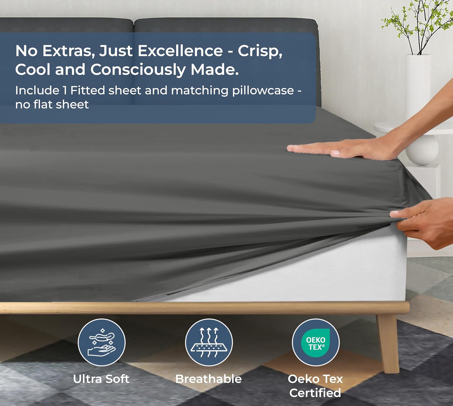 ROYALE LINENS Fitted Sheet with Pillowcases - Full Fitted Sheets with 2 Pillowcases - 300 Thread Count 100% Organic Cotton - Fits Mattress Up to 18" Deep - Soft & Breathable - Grey (No Flat Sheet)