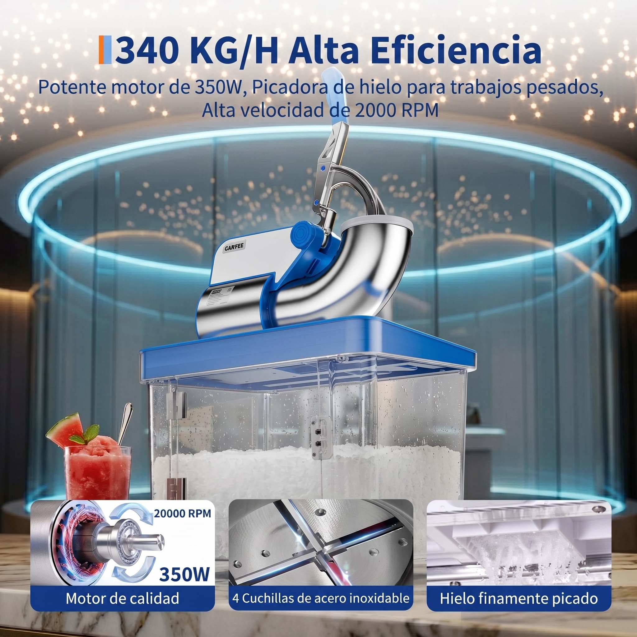 GarveeLife Trituradora de Hielo 300W Acero Doble Cuchilla 300kg/h Azul | Trituradora de hielo 300W 300kg/h, acero inoxidable doble cuchilla para granizado rápido, ideal para bar y el hogar, azul.