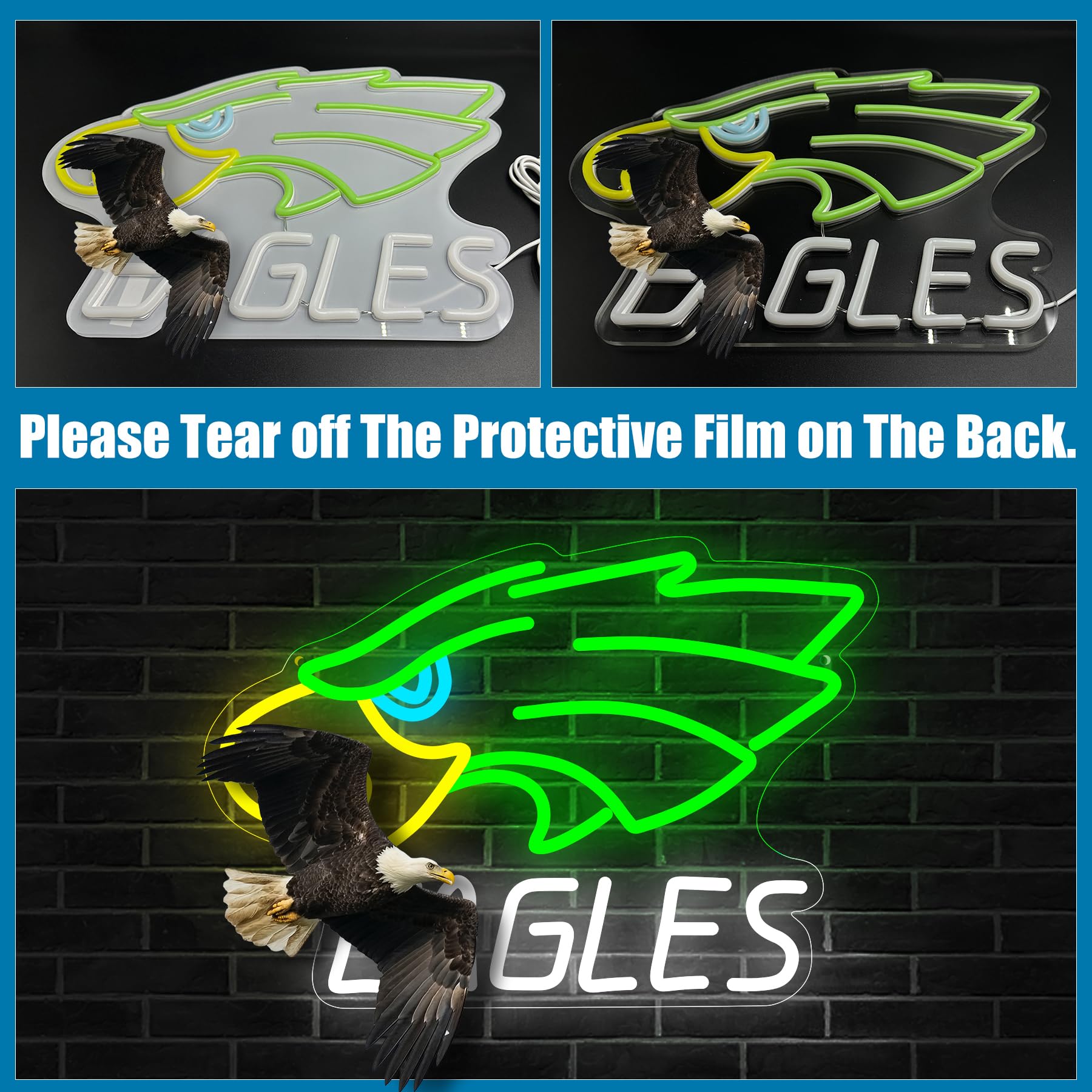 Letreros de neón de águila con luces LED verdes de fútbol para decoración de pared, alimentado por USB, equipo deportivo, letrero de luz de pared para hombre, cueva, cerveza, bar, pub, niños y