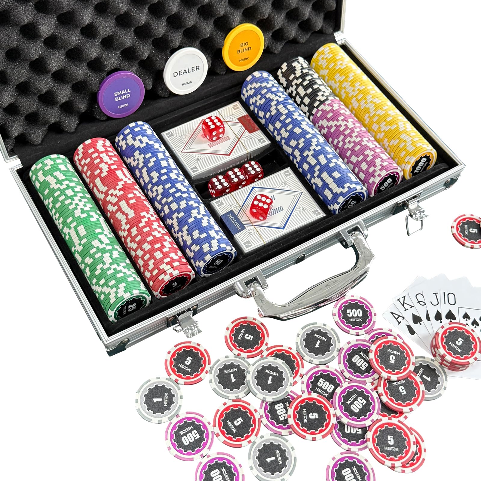 HEITOK Poker Chips Set with Denominations, 300pcs 11.5g Professional Numbered Chips with Aluminum Case Includes 5 Dice & 2 Decks of Pokers for Texas Hold'em