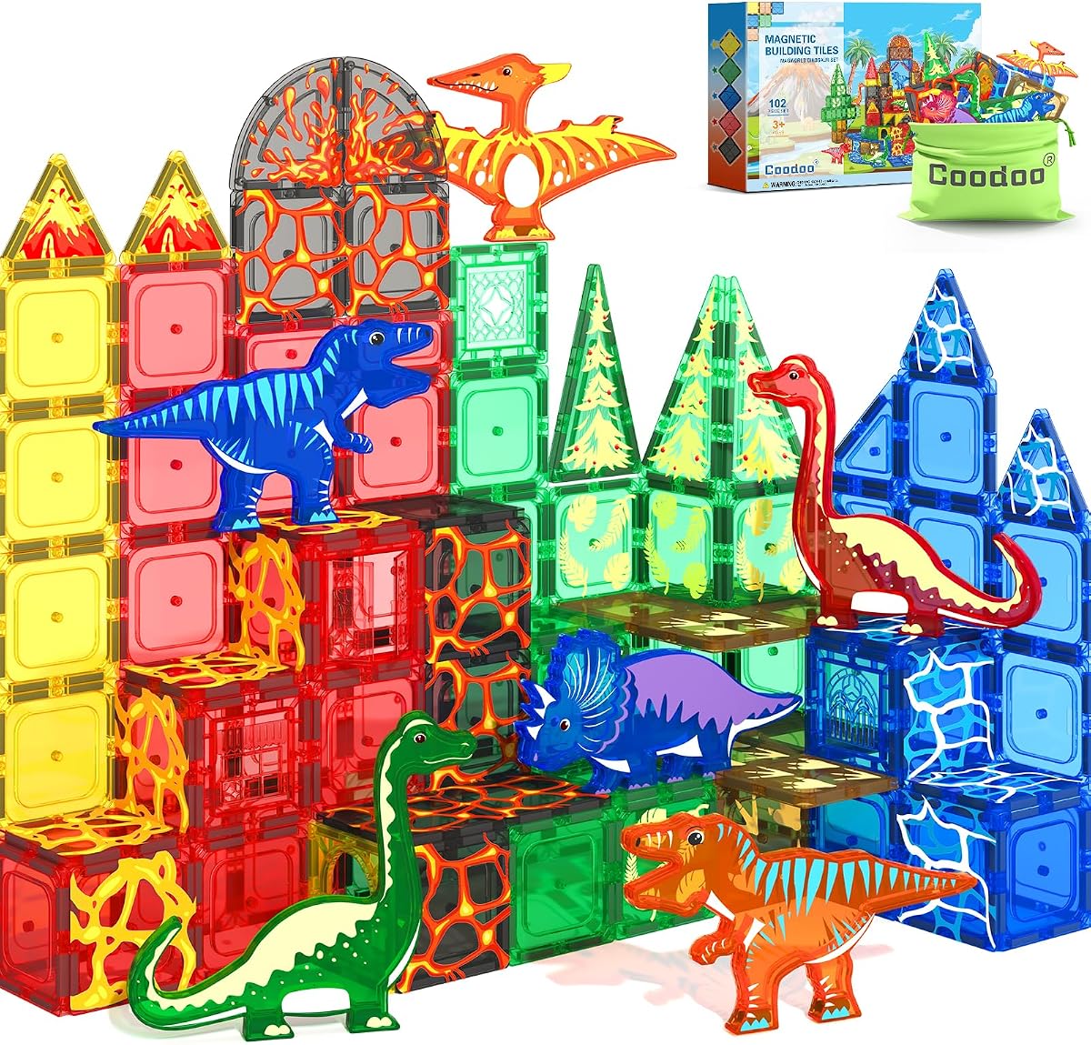 102PCS Juguetes de dinosaurios Azulejos magnéticos con 8 dinosaurios - Juguetes de escenas jurásicas | Juego de aventuras Dinosaur World, Juguetes para niños con bloques magnéticos para niños y niñas mayores de 3 años, Regalos de juegos infantiles creativos para niños pequeños sensoriales