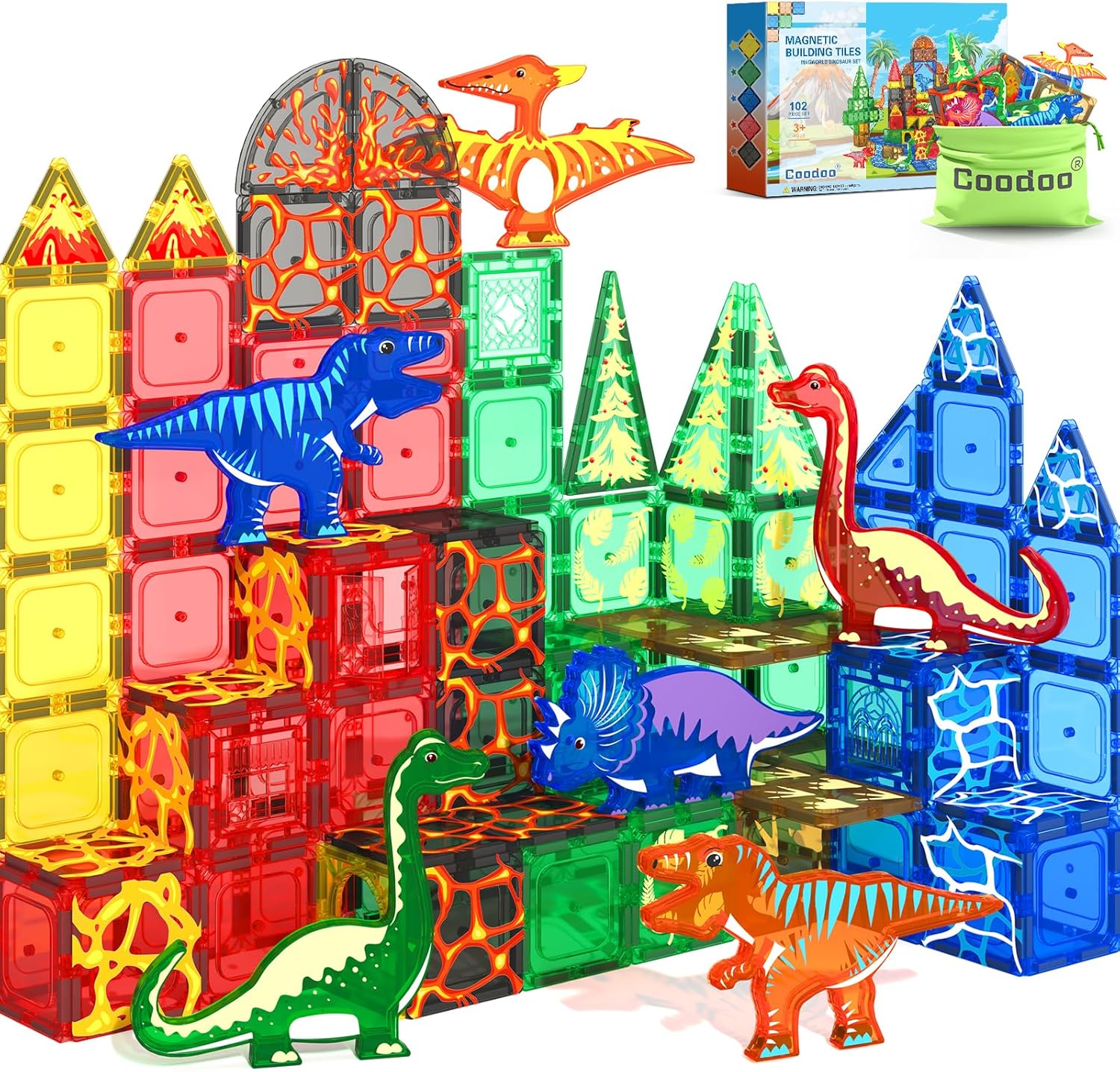 102PCS Dinosaur Toys Magnetic Tiles with 8 Dinosaurs - Jurassic Scenes Dinosaur World Adventure Set, Magnetic Blocks Kids Toys for Boys & Girls Ages 3+, Sensory Toddler Creative Kids Games Gifts