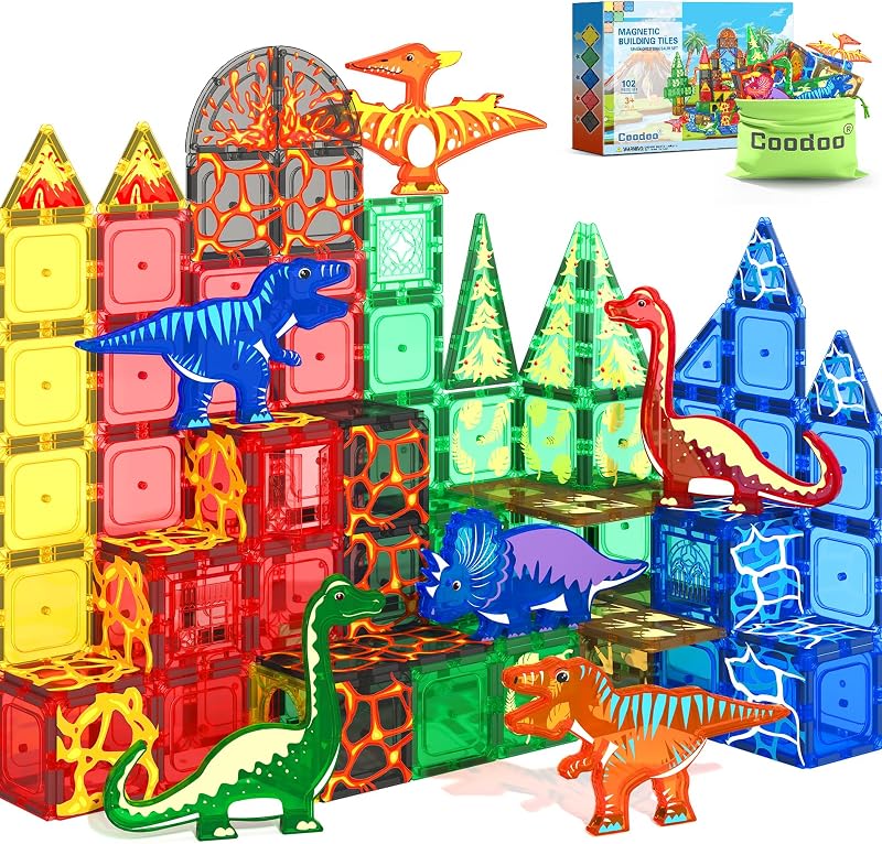 102PCS Dinosaur Toys Magnetic Tiles with 8 Dinosaurs - Jurassic Scenes Toys | Dinosaur World Adventure Set, Magnetic Blocks Kids Toys for Boys & Girls Ages 3+, Sensory Toddler Creative Kids Games Gifts
