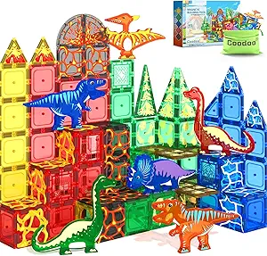 102PCS Dinosaur Toys Magnetic Tiles with 8 Dinosaurs - Jurassic Scenes Dinosaur World Adventure Set