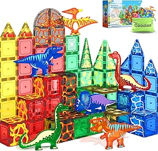 102PCS Dinosaur Toys Magnetic Tiles with 8 Dinosaurs - Jurassic Scenes Toys | Dinosaur World Adventure Set, Magnetic Blocks Kids Toys for Boys & Girls Ages 3+, Sensory Toddler Creative Kids Games Gifts
