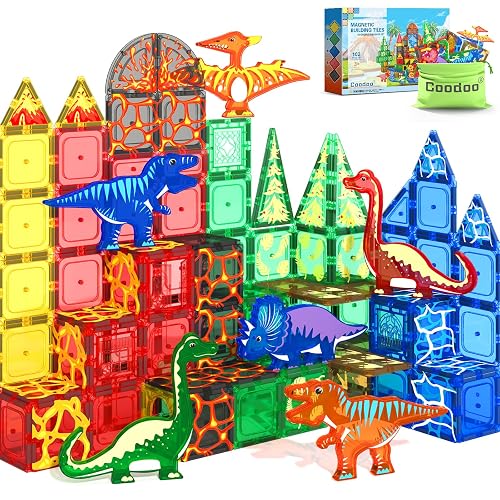 102PCS Dinosaur Toys Magnetic Tiles with 8 Dinosaurs - Jurassic Scenes Toys | Dinosaur World Adventure Set, Magnetic Blocks Kids Toys for Boys & Girls Ages 3+, Sensory Creative Kids Games Gifts