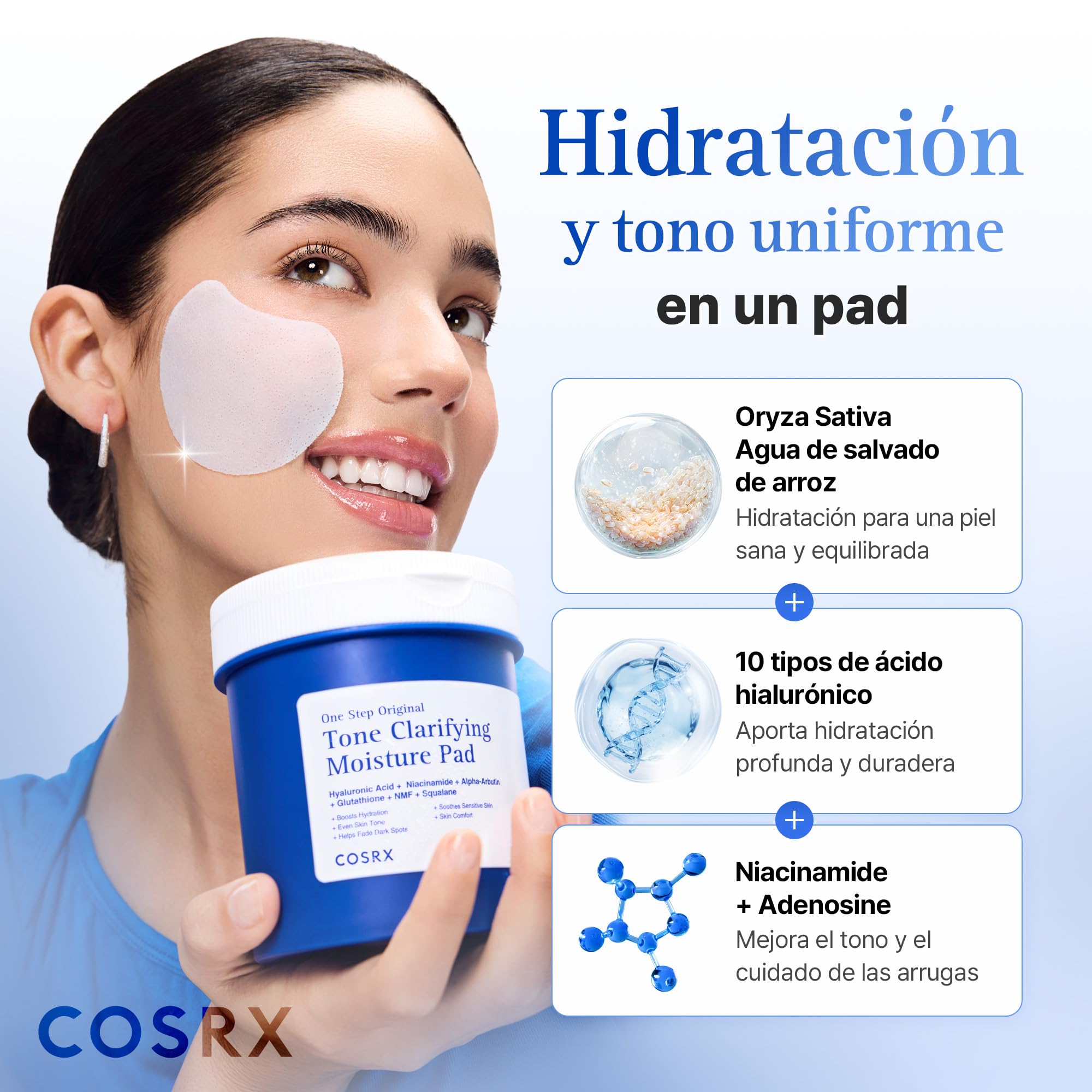 COSRX OneStep Original Tono Clarifying Moisture Pad, 100 almohadillas, Daily Toning Pad for Skin Texture & Hydration & Evening Skin Tone with Arbutin, Glutatione & 12 Hyaluronic Acids, Korean Skin