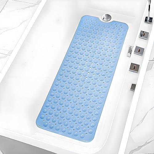 Tapete de ducha antideslizante extra largo de 39.3 x 15.5 pulgadas, lavable a máquina con agujeros de drenaje, ventosas para suelo de baño, tapete