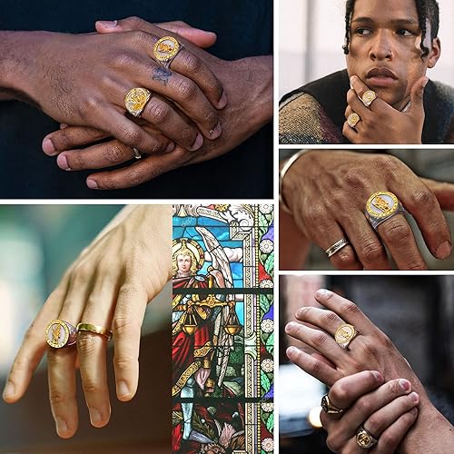 Miniatura 3 de PROSTEEL Anillo de San Miguel, anillo de San Cristóbal, el gran arcángel protector derrotando a Satanás, anillo de amuleto de acero inoxidable para