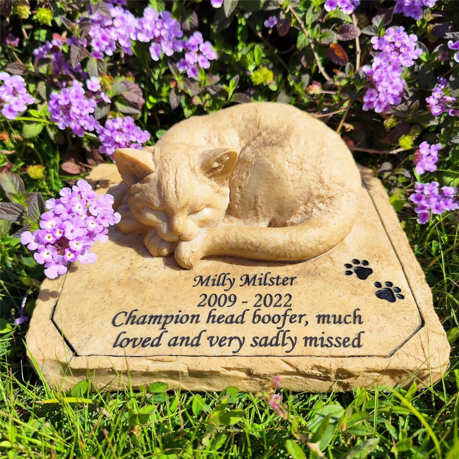 JHB Personalized Cat Memorial Stones, 3D Sleeping Cat Statue Headstone, Cat Sculpture Tombstone, Pet Grave Markers for Cat, Cat Keepsake Memorial Gifts Loss of Cat Indoor Outdoor Decor