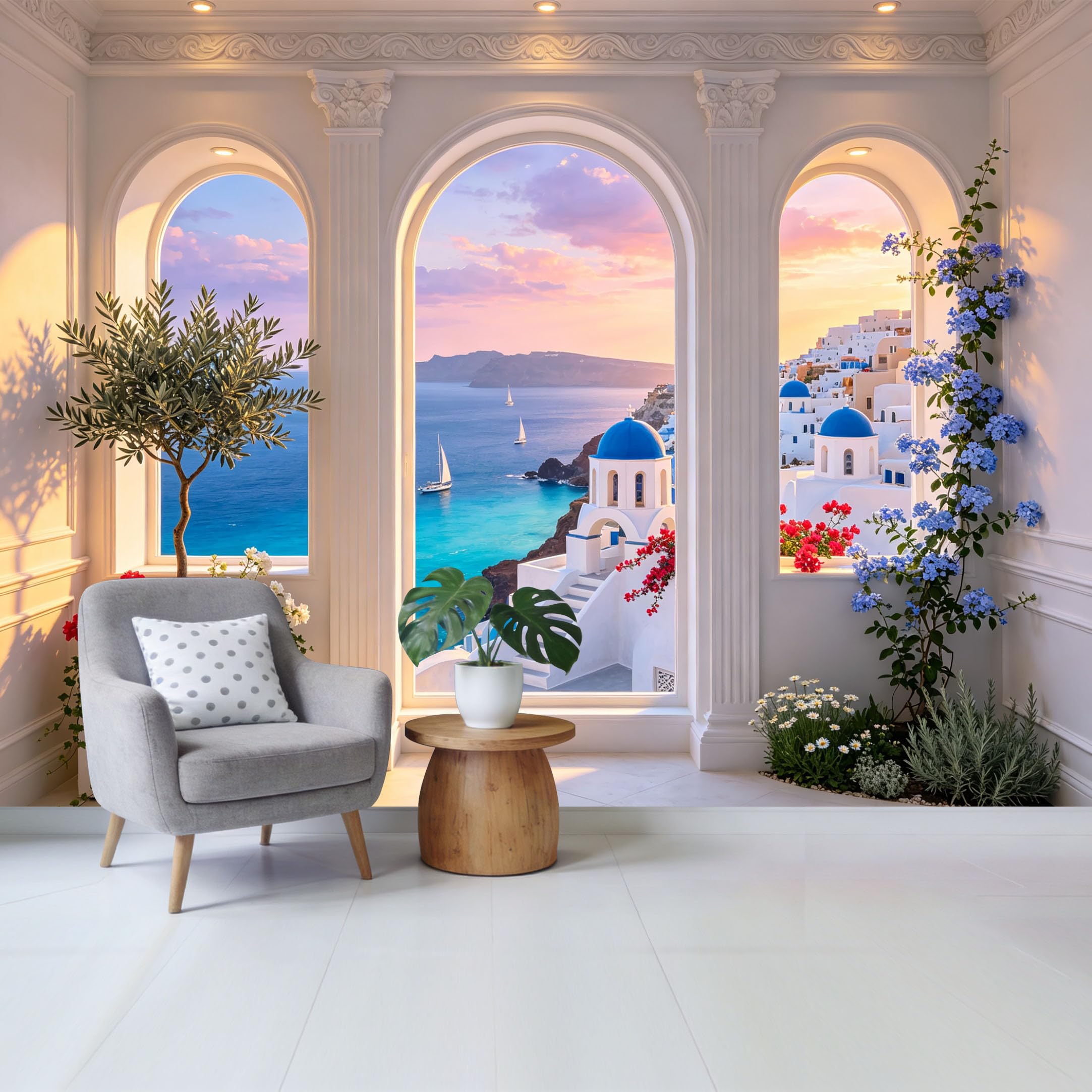 Removable Self Adhesive Fabric Mural， Mediterranean Coastal Landscape Custom Size Wall Covering， UV Protected Waterproof Washable Wall Decor for Living Room Bedroom Bathroom