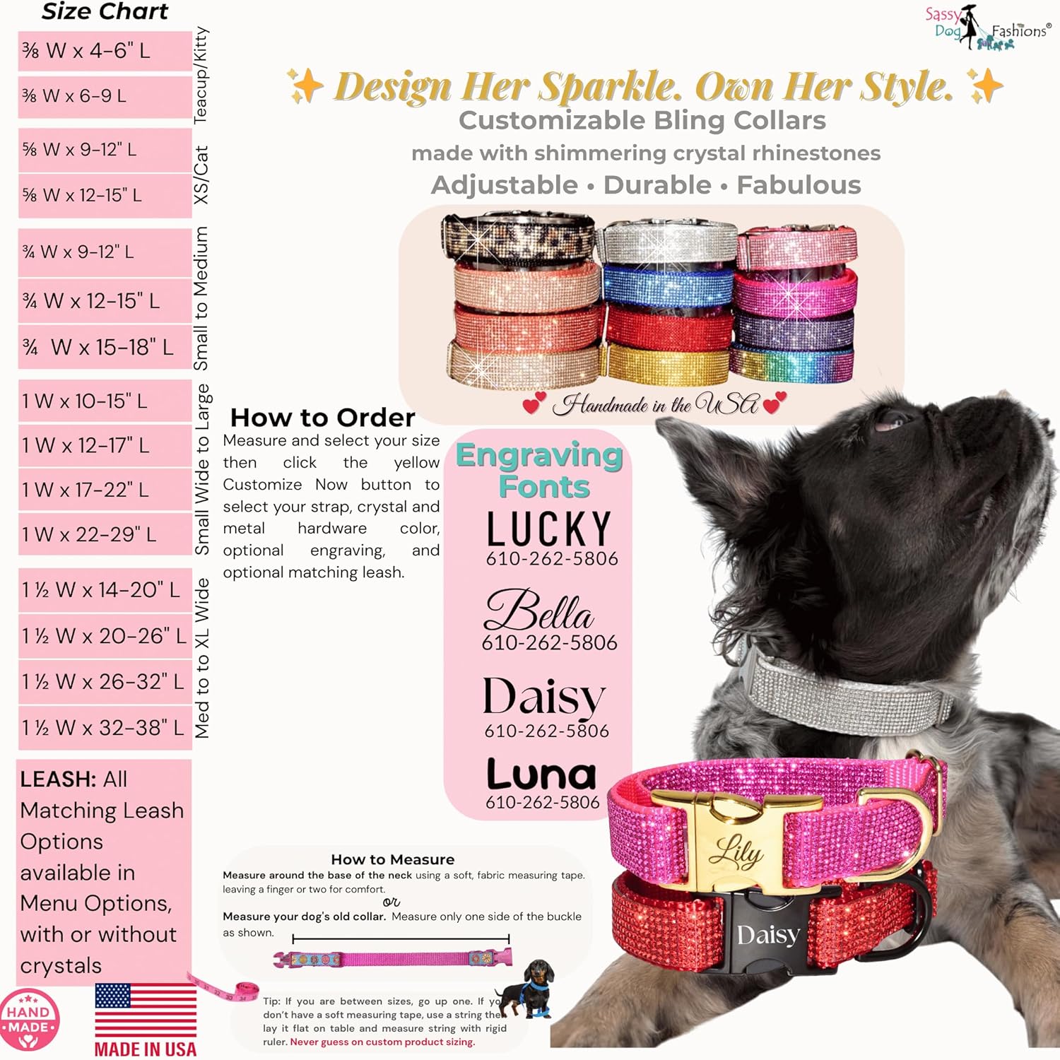 Handmade Personalized Crystal Rhinestone Dog Collar, Engraved Buckle-Crystal-Hardware Choice, Sparkle Bling Fashion Collars Large, Small, Medium Big Dogs Cats Boy – Sparkly Girl (1" W x 12-17" L)