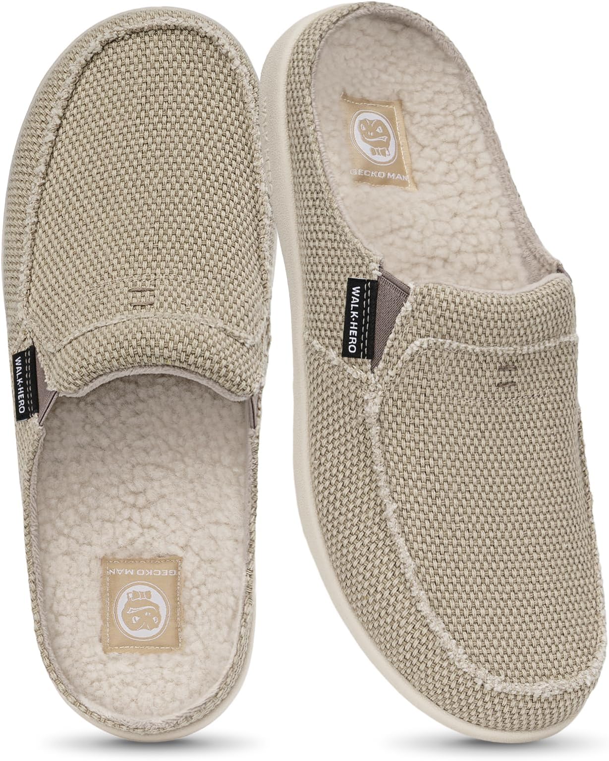 Mens Slippers with Arch Support, Canvas House Slipper for Men with Velvet Lining, Slip On Clog, Indoor Outdoor House Shoes with Anti-Skid Rubber Sole