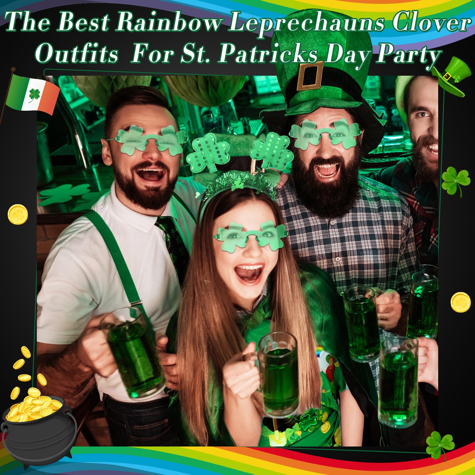 Shihanee 16 Pcs St Patricks Day Women Costume Shiny Lucky Shamrock T shirts Irish Leggings Funny Costume Accessories Set(Coin, X-Large)