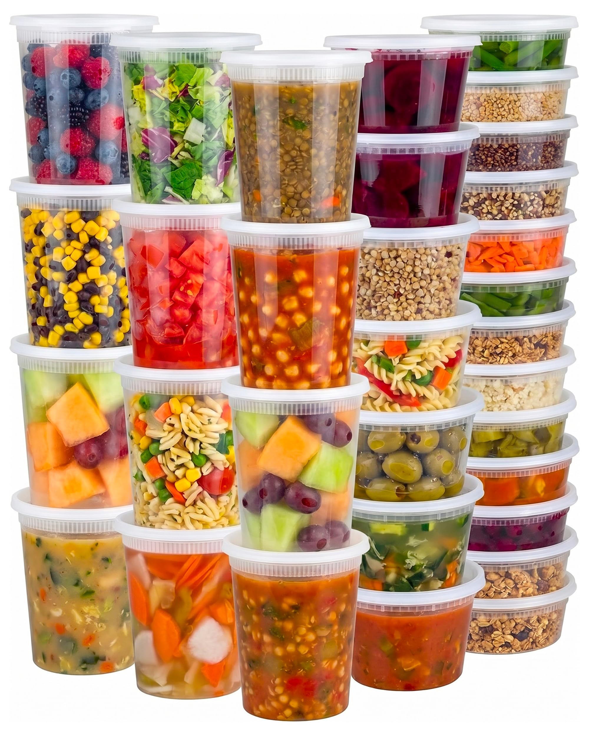 JoyServe Contenedores de comida Deli con tapas, (paquete de 48), 16 juegos de cada tamaño, taza de 8 onzas, 16 onzas, pinta, 32 onzas, almacenamiento de alimentos para llevar, almacenamiento de