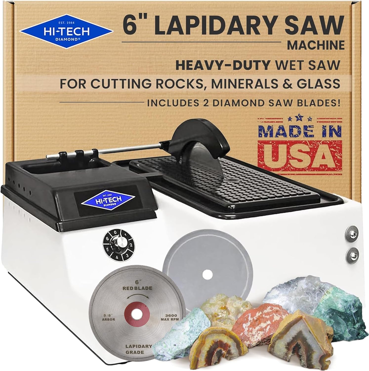 Hi-Tech Diamond 6" Lapidary Saw – Rock Saw, Lapidary Equipment, Stone and Glass Cutting, Two Diamond Blades Included, Rock Cutting Tools for Gems, Crystals, Stones and Minerals – 6 Inch, 115V Only