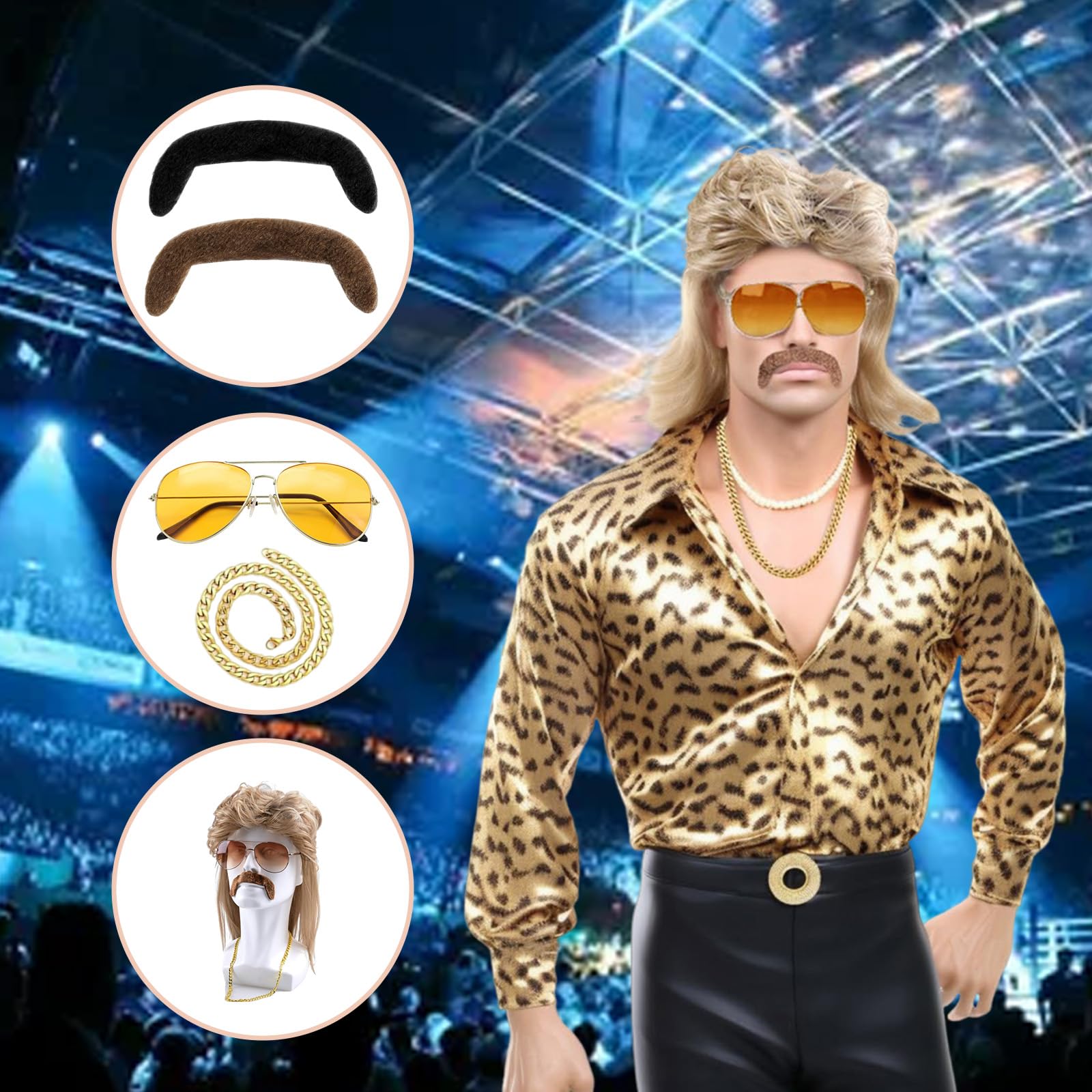 5 Pcs Brown Wig Set - Pop Rock 80s Mullet Wave Hair for Men - Artificial Halloween Costume Party Fashion Accessories - Image 2