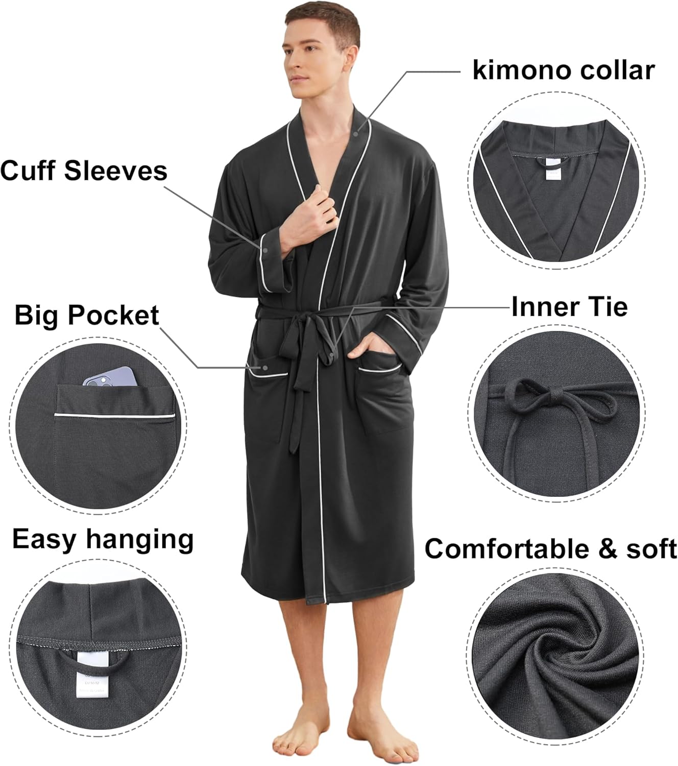 Mens Lightweight Robe, Knit Kimono Bathrobe Spa Sleepwear Soft Knee Length Robe With Pockets - Image 4