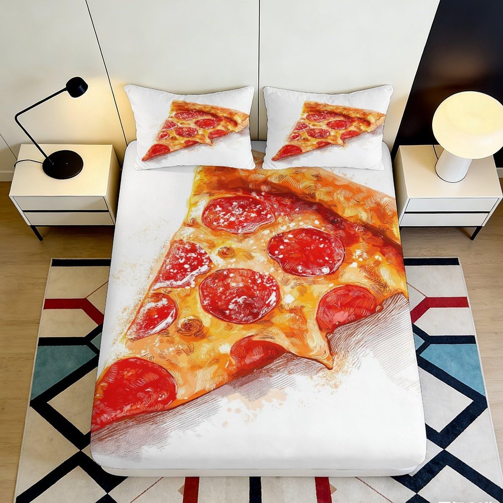 3D Printed Pepperoni Pizza Fitted Sheet Microfiber Soft Decorative Cheese Slice Bed Cover for Bedroom Dorm Mattress Protection 200x200x25cm