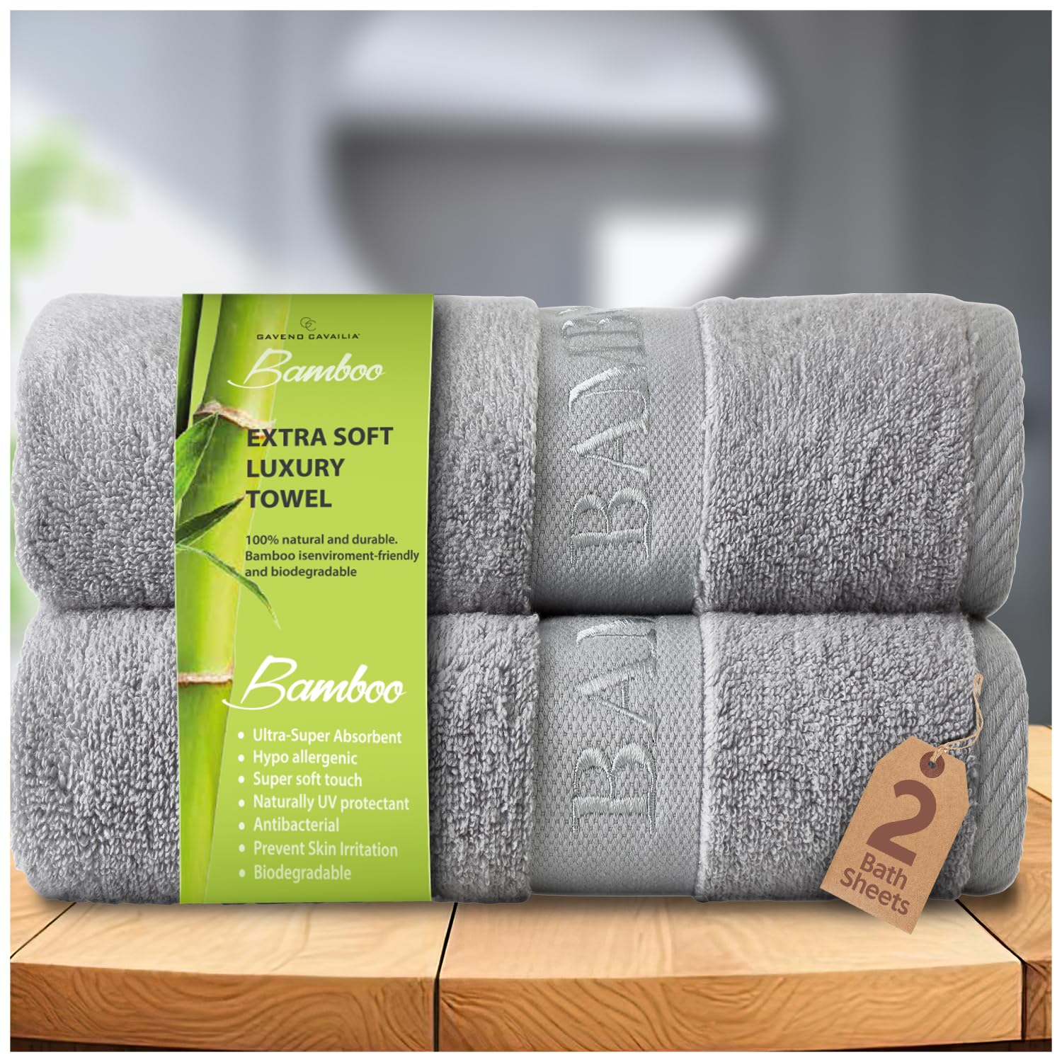 Gc Gaveno Cavailia Silver 550 Gsm Bamboo Giant Bath Sheet | 2 Pk Big Towels For Adults | Super Soft Ultra Absorbent 60% Bamboo 40% Cotton Bath Towels | 80X140 Cm