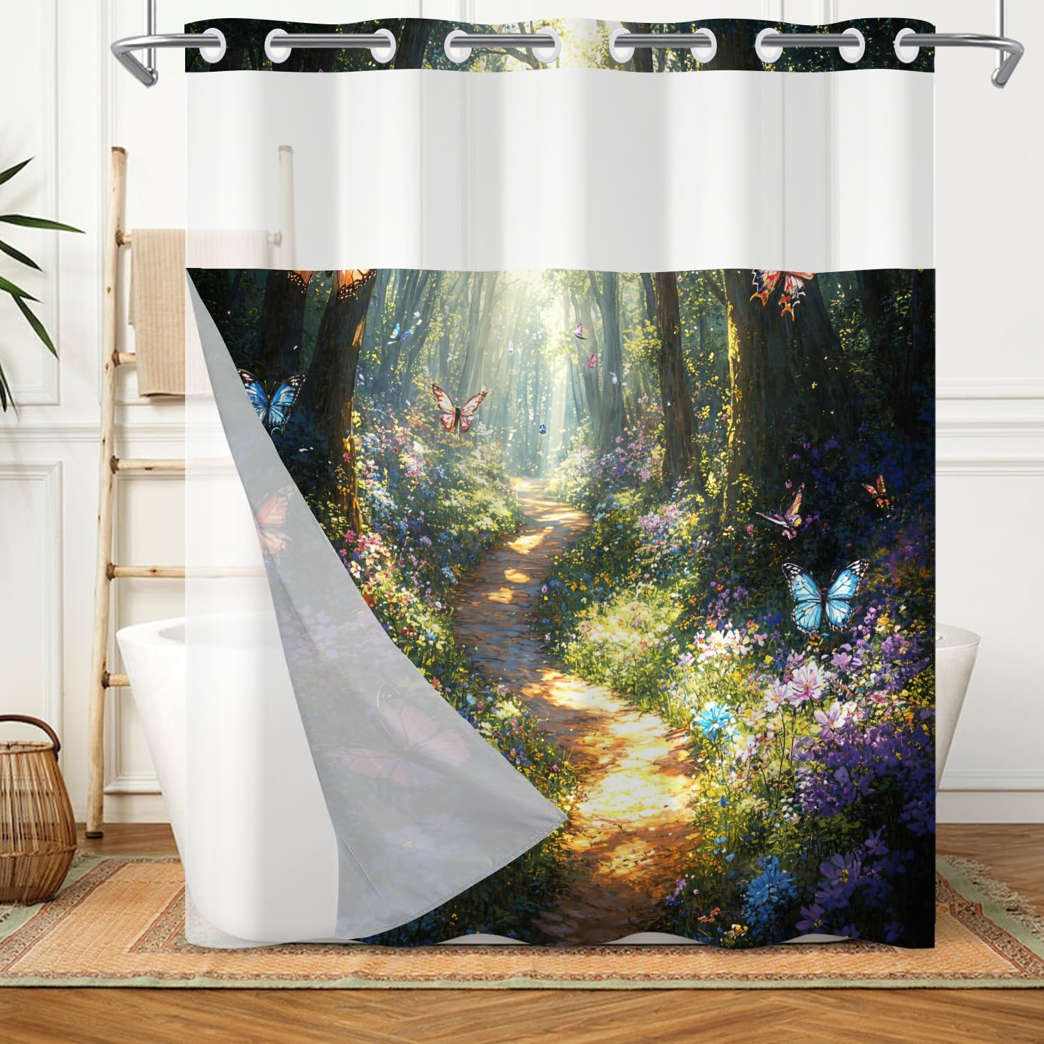 Fantasy Forest No Hook Shower Curtain, Spring Enchanted Wonderland Floral Butterflies Ringless Bath Curtain and Liner Set with See Through Top, Waterproof Double Layer for Bathroom Decor, 71x74inch