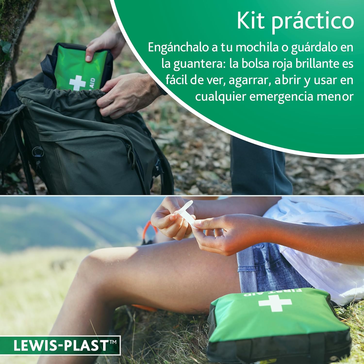 Bolsa del kit Lewis-Plast abierta mostrando compartimentos organizados