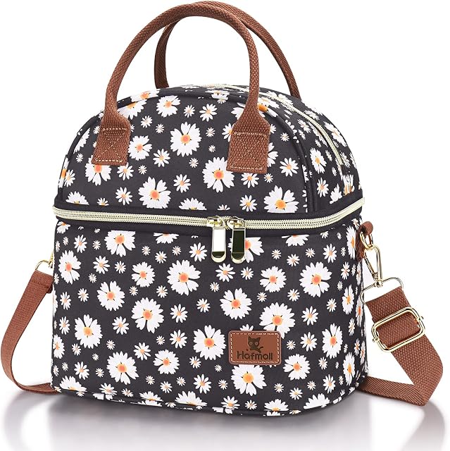 Hafmall Insulated Lunch Bag for Women, 9L Dual Compartment Lunch Cool Bag for Work, School, Ladies Lunch Bag with Shoulder Straps, Daisy