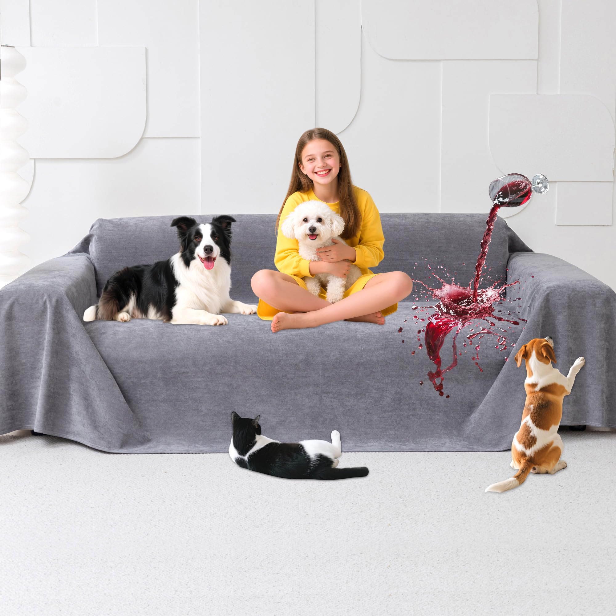 Loiion Cubre Sofas Grandes Antideslizante, 100% Fundas Impermeables Sofa, Cubre Sofa Chaise Longue para Perros, Fundas Antipelos para Gatos Arañazo y Perros Mascotas, Gris, 380x180cm