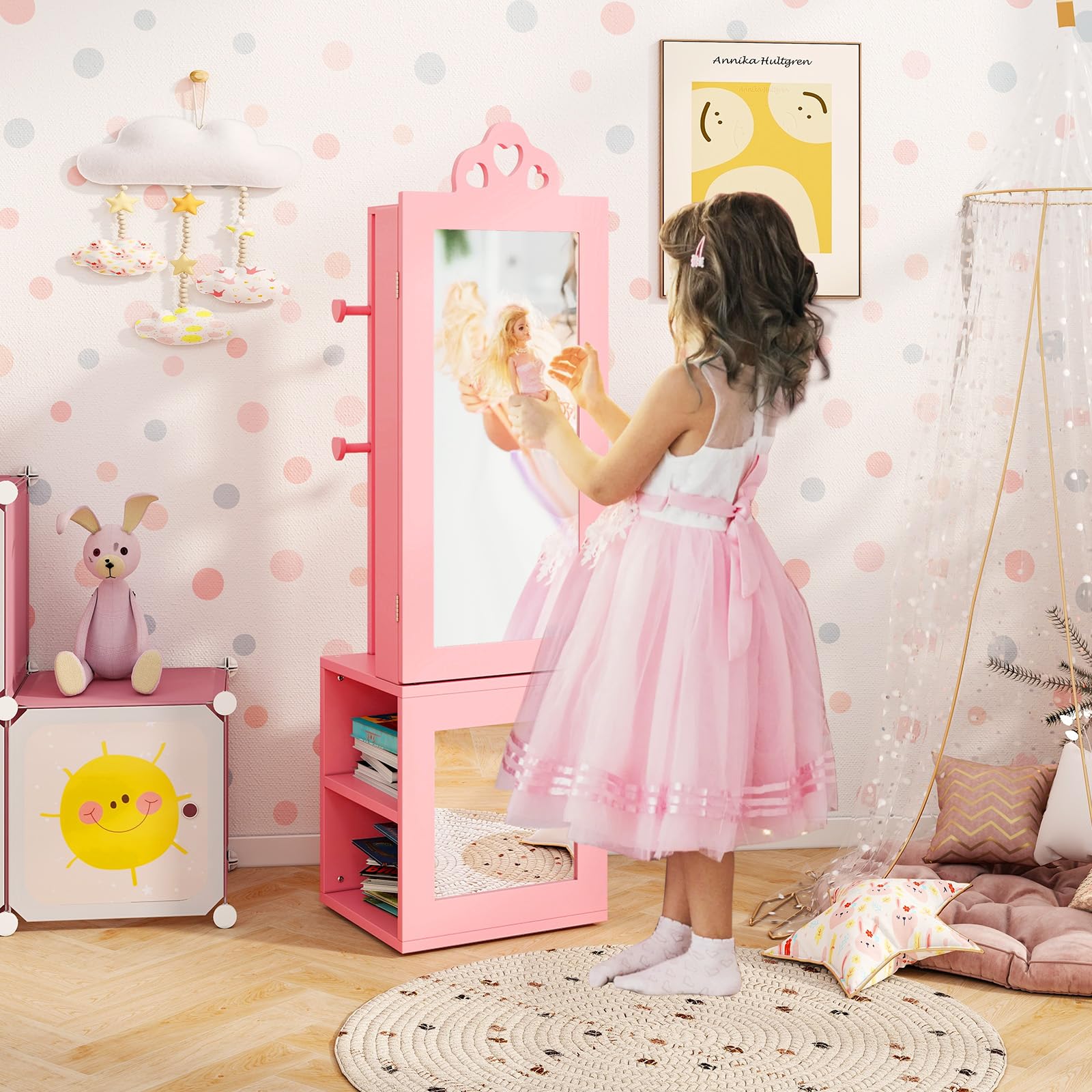 GYMAX Armadio per Gioielli per Bambini con Specchio a Figura Intera, Portagioie Bambina con Anti-ribaltamento, per Cameretta e Sala Giochi, 34 x 30 x 117 cm (Rosa)