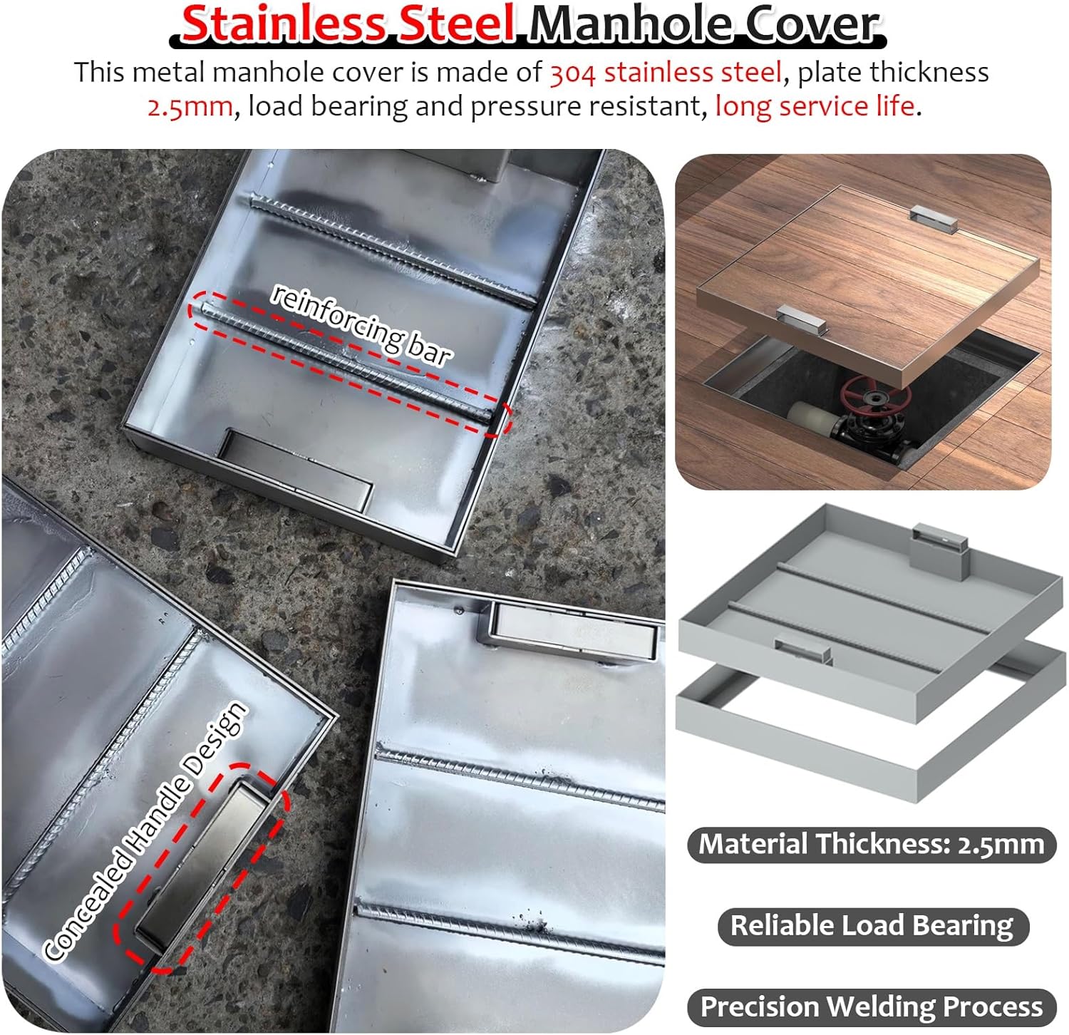 Flush Mount Invisible Manhole Covers with Hidden Handles - Square Septic Tank Lids for Gardens, Yards & Highways - Decorative Frame, 42"x42" (1066x1066mm)