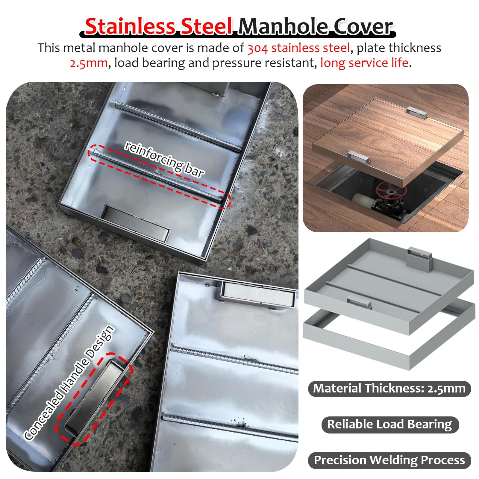 JYHHCYS Cubierta y Marco de Boca Acero Inoxidable Tapa De Arqueta, Tapa De Fosa Séptica Cuadrada con Base Y Ganchos, Diseño Invisible Tapa para Desagüe Pluvial Tapa De Inspección(21x39in(53.3x99cm))
