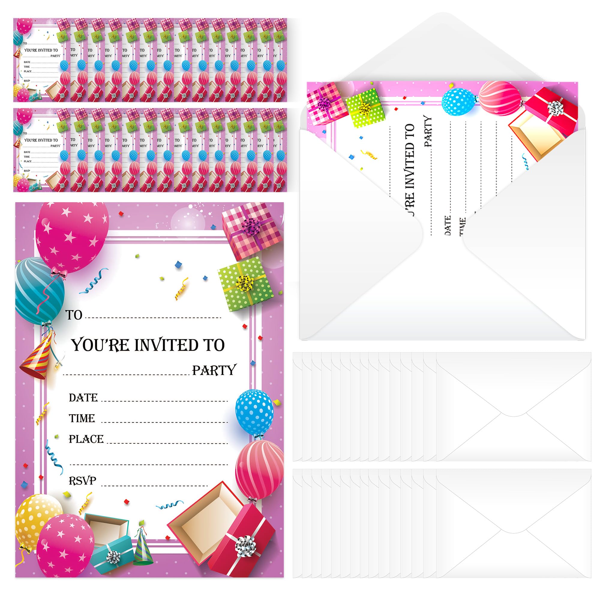 SOL 28x Pink RSVP Party Invitations with Envelopes, Premium Cardstock RSVP Invitation for all Occasions, Birthdays