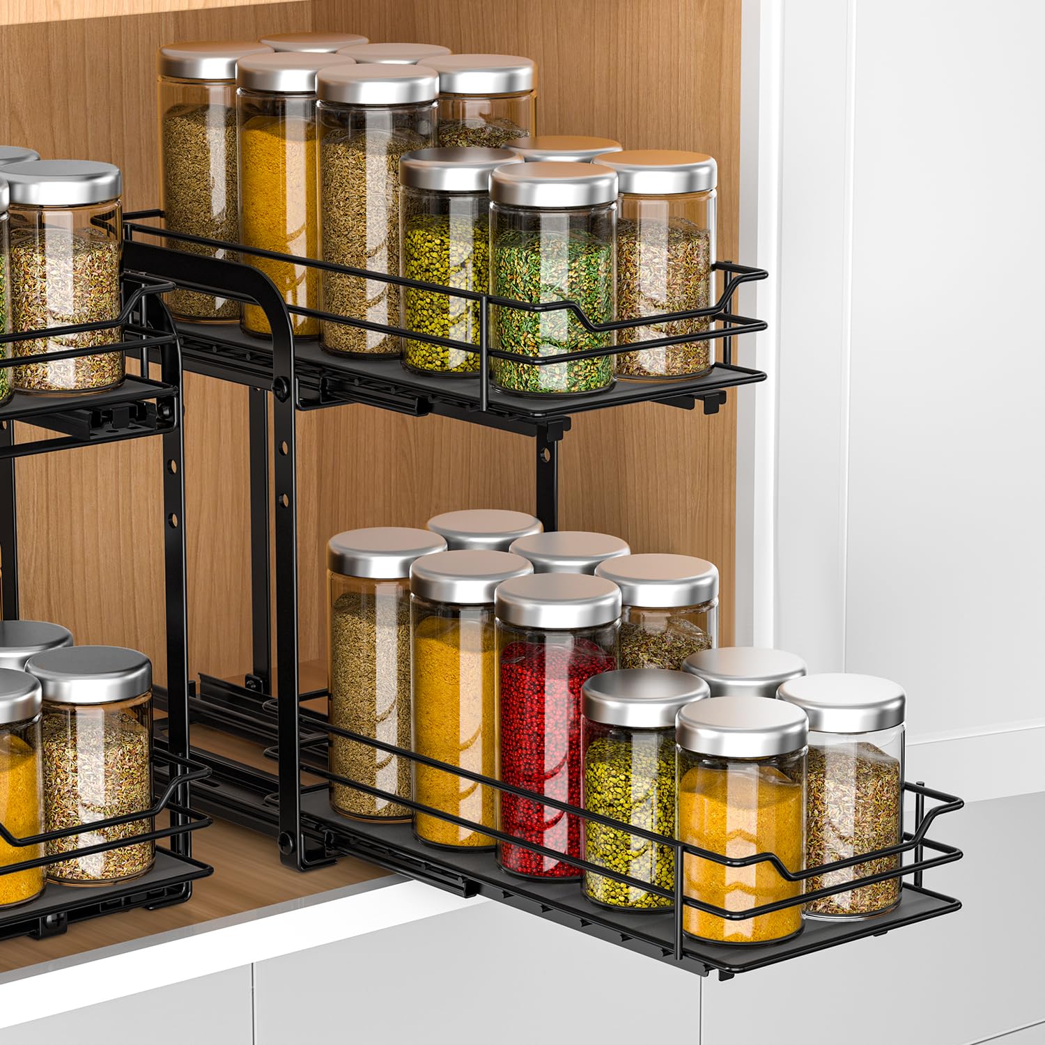 RCHYFEED Spice Organization for Cabinet, 2 Tier Pull Out Spice Rack for Seasoning Organizer, Height Adjustable Heavy Duty Metal Basket for Inside Cabinets & Pantry Closet, Small Spice Shelf