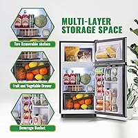 Vista 6 de WANAI Mini refrigerador con congelador, refrigerador compacto de dos puertas con termostato ajustable de 7 ajustes, cajón para verduras y estantes