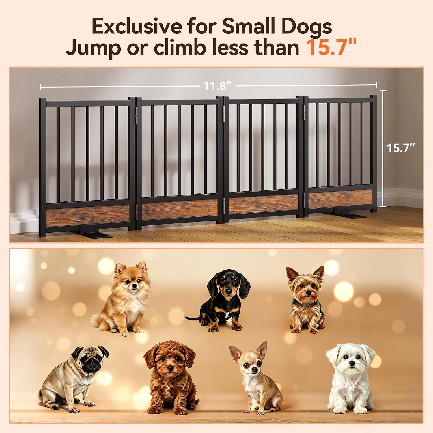 Dog Gate for Small Dogs, 15.7" Short No Drill Foldable Reinforced Base Pet Fence, Heavy Duty Step-Over Doorway Puppy Barrier, Anti-Tip Metal Frame, Supports 200+ lbs, Black