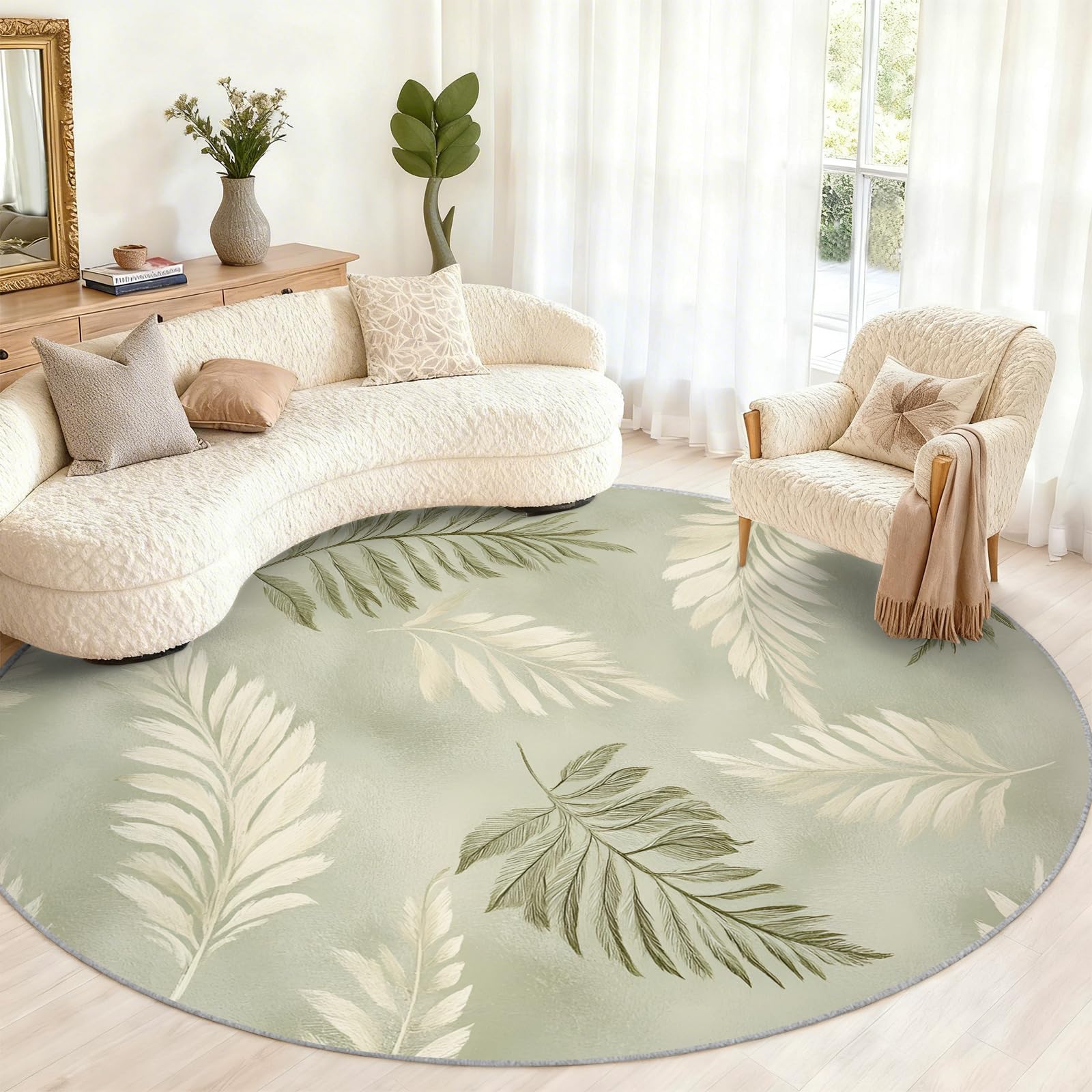 Grand tapis rond moderne motif feuille 210 cm pour salon et chambre