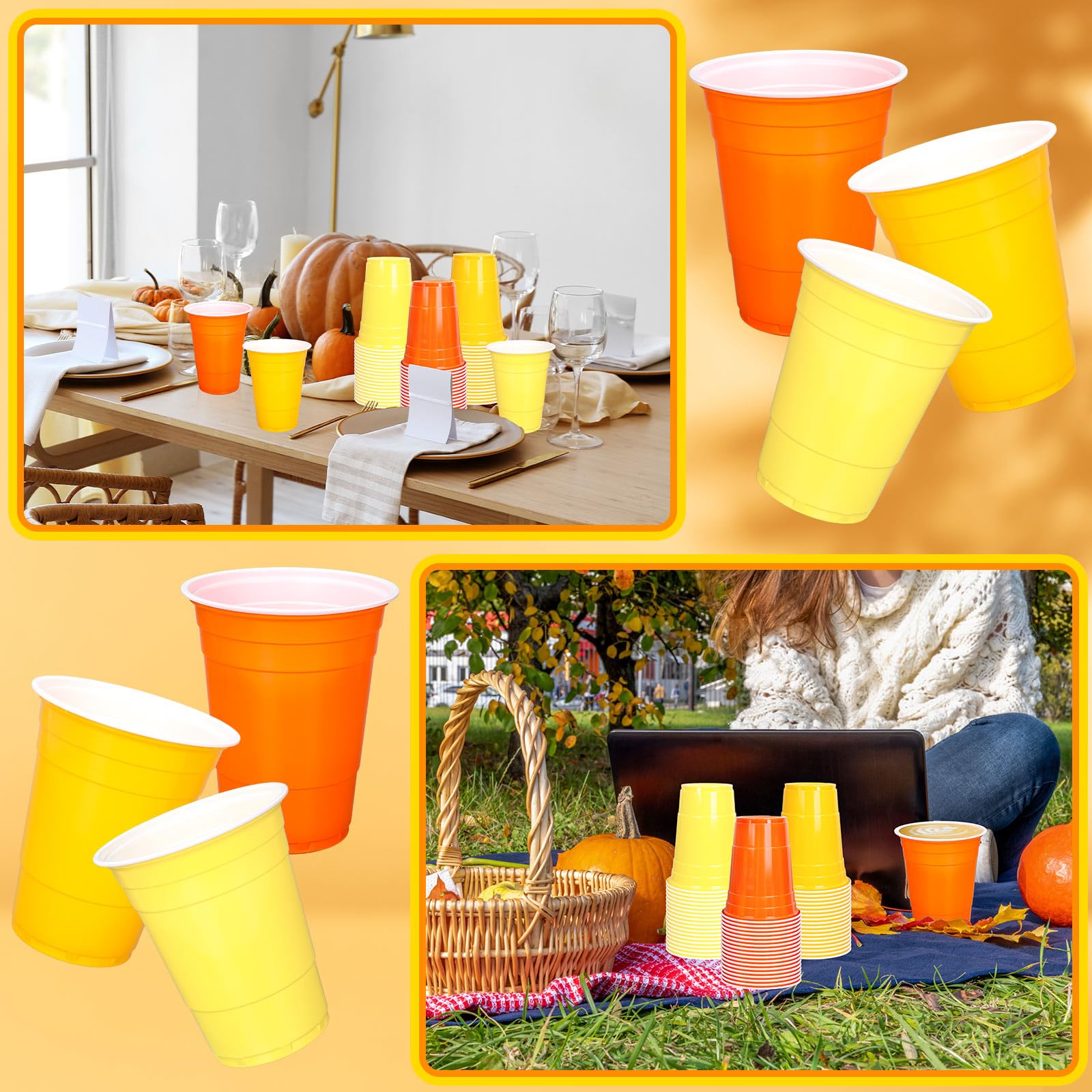FYSUIMU Einweg-Trinkbecher aus Kunststoff, 473 ml, 3 Herbstfarben, stapelbar, Partybecher für Herbst, Erntedankfest, Partyzubehör, 150 Stück, Orange / Gelb