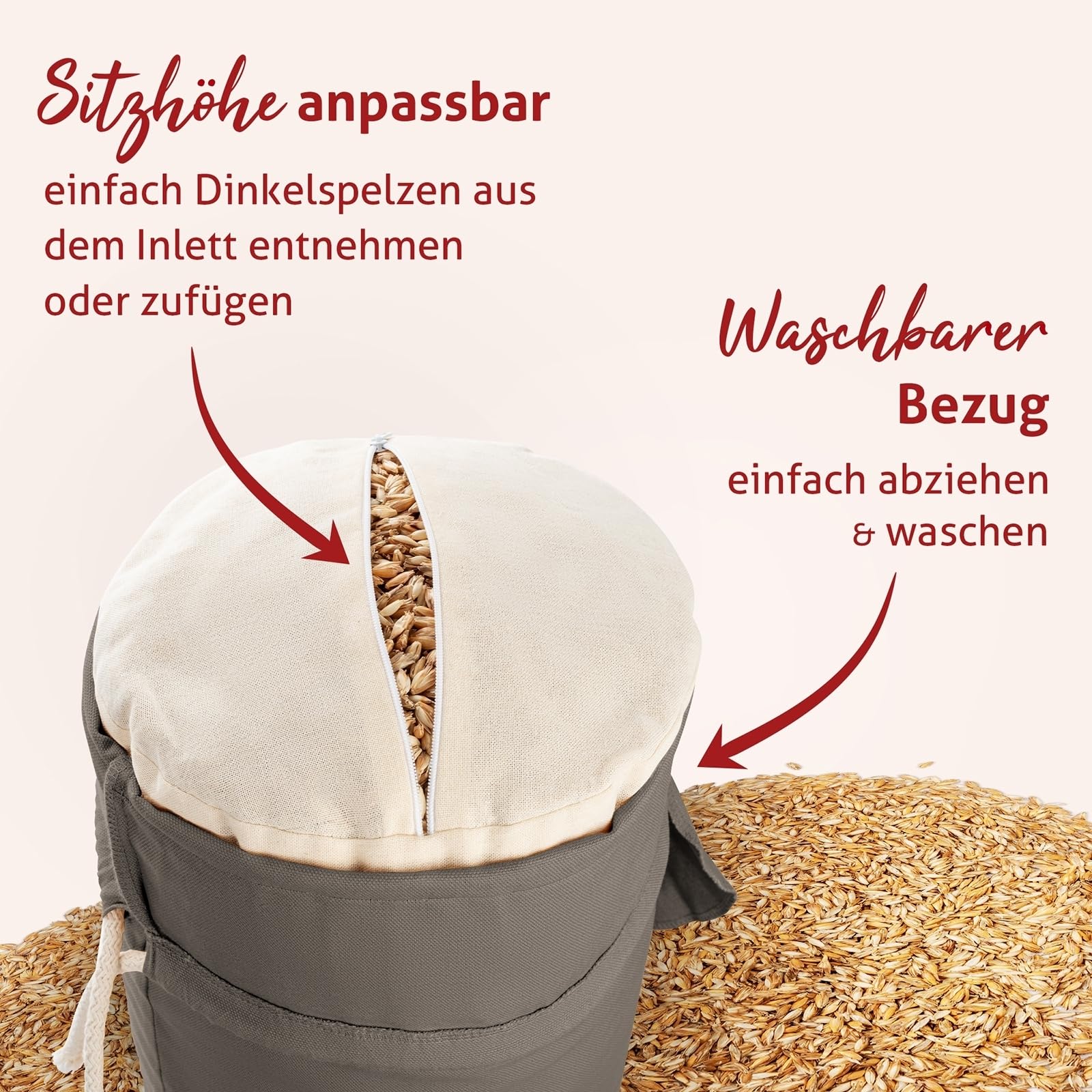 Yoga Bolster – Handmade in Germany, 24cm x 64cm | Yoga Rolle mit praktischem Tragegriff, 100% Dinkelspelz Füllung, Waschbarer Bezug 100% Baumwolle