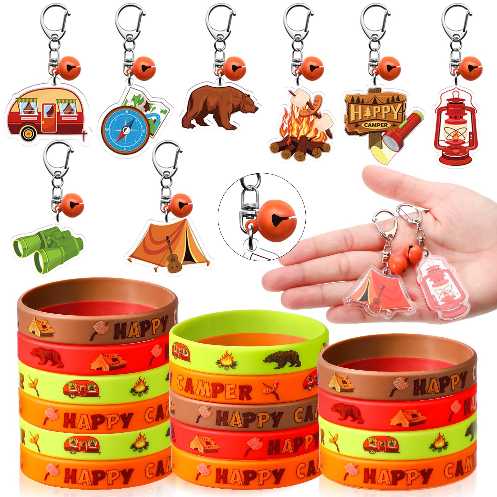 Aoriher 48 Pcs Camping Bulk 24 Silicone Bracelets 24 Bell Keychains Summer Camp Themed Rubber Wristbands Accessories for Birthday Reward Adventure