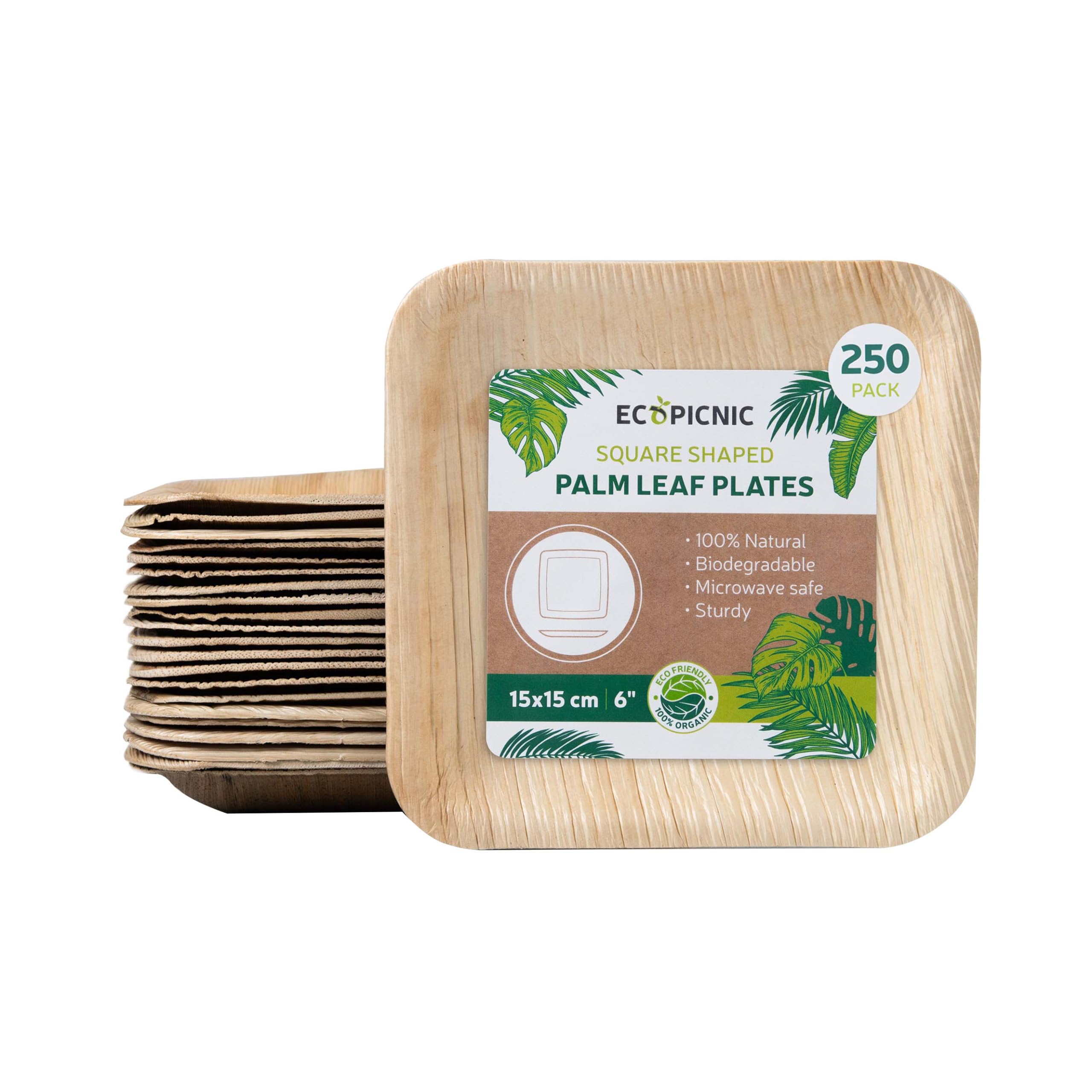 Platos de Hoja de Palma 250 Unidades 15x15 cm 6" | Platos Desechables biodegradables para Fiestas, Catering y Eventos, Ideales para Aperitivos, postres y Comidas