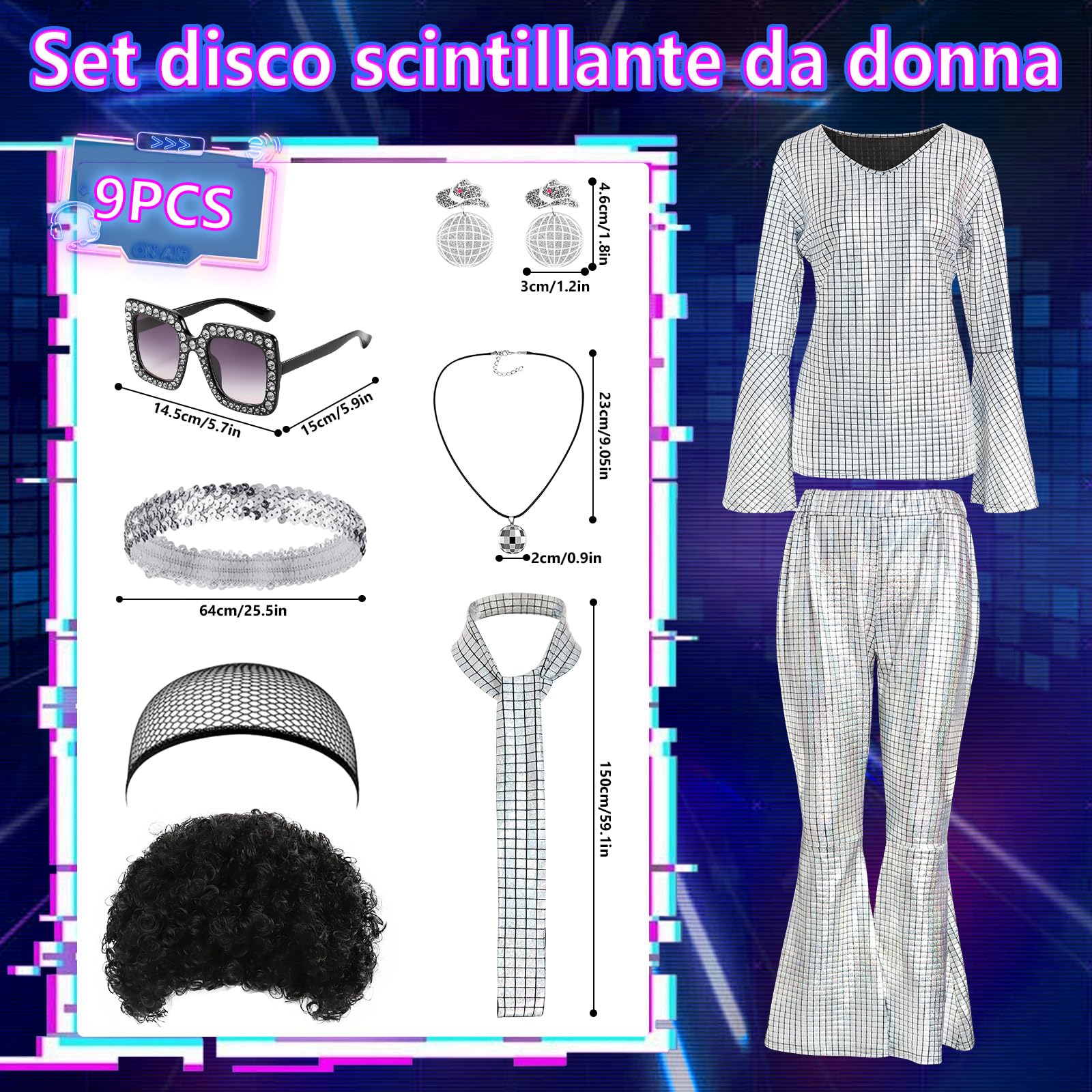 Ulikey Costume da Discoteca da Donna, Brillante 9 Pezzi Set da Discoteca da Donna Vestito Anni 70 con Orecchini, Collana, Occhiali da Sole, Parrucca per Carnevali, Riunioni di Famiglia