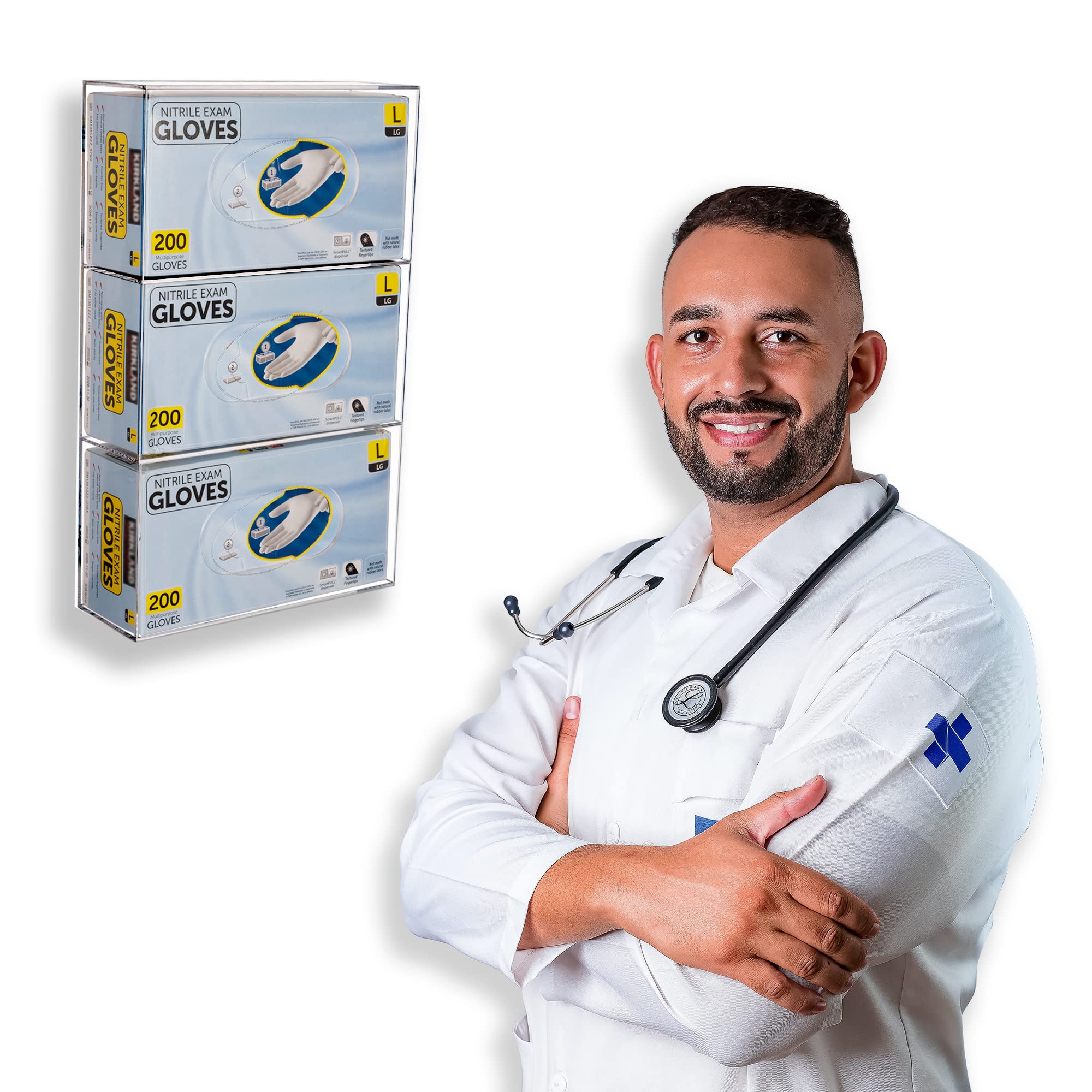 Aphbrada Glove Box Holder Dispenser Wall Mount, Acrylic Triple Gloves Rack for Medical, Latex, Rubber, Nitrile, Exam, Disposable Glove Boxes, Plastic Bags Holder Dispenser Tissues Box Cover, Clear