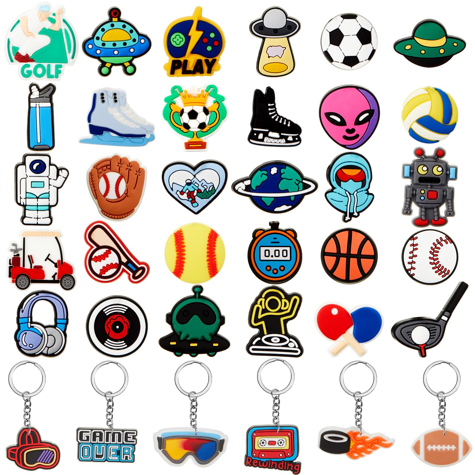 Batiyeer 36 Pack Cartoon Keychains Bulk, Novelty Sports, Robot, Alien, Video Game PVC Key Rings for Party Favors, Team Prizes, Event Giveaways,